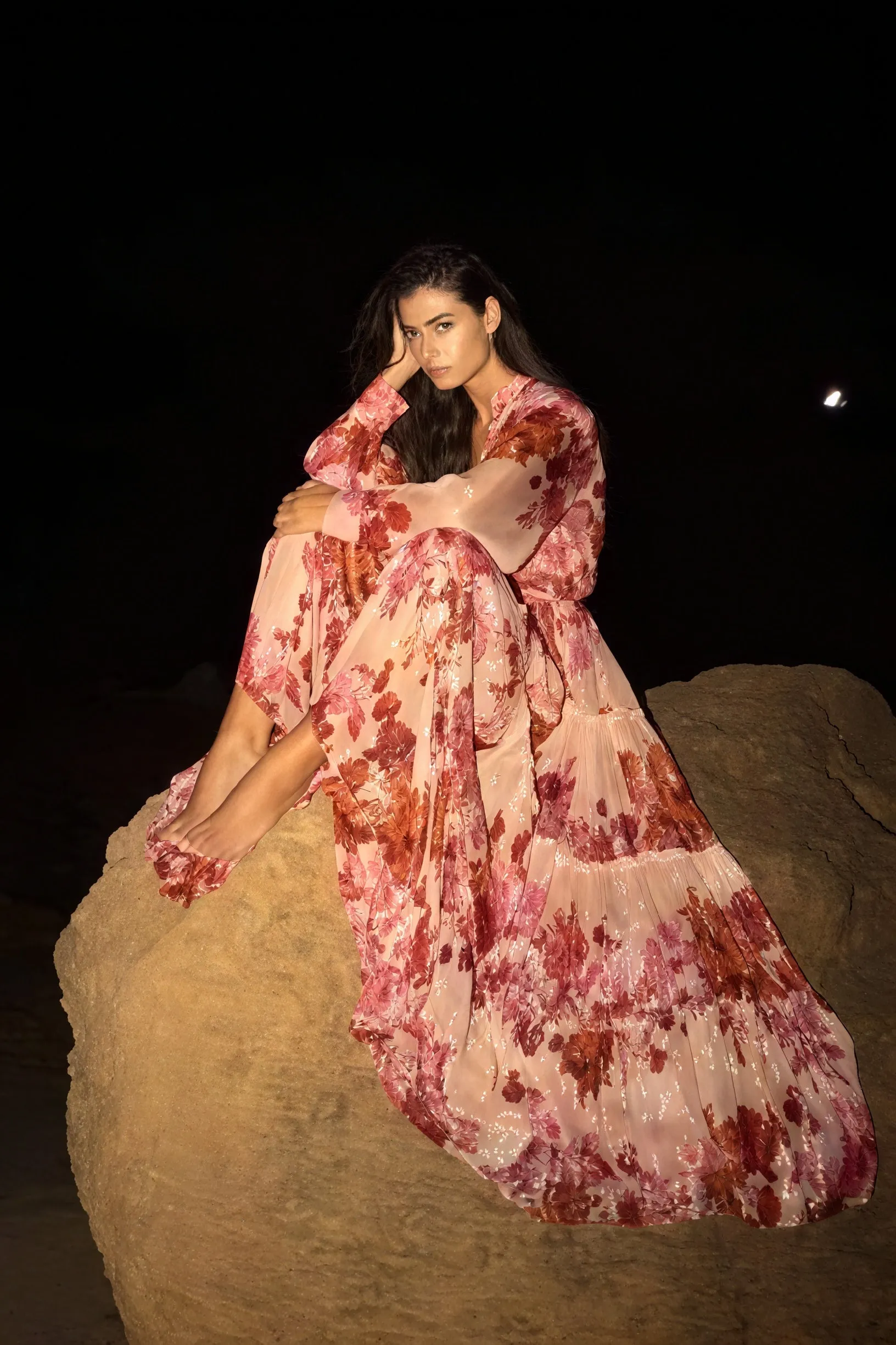Floral Tiered Dress with Mandarin Collar
