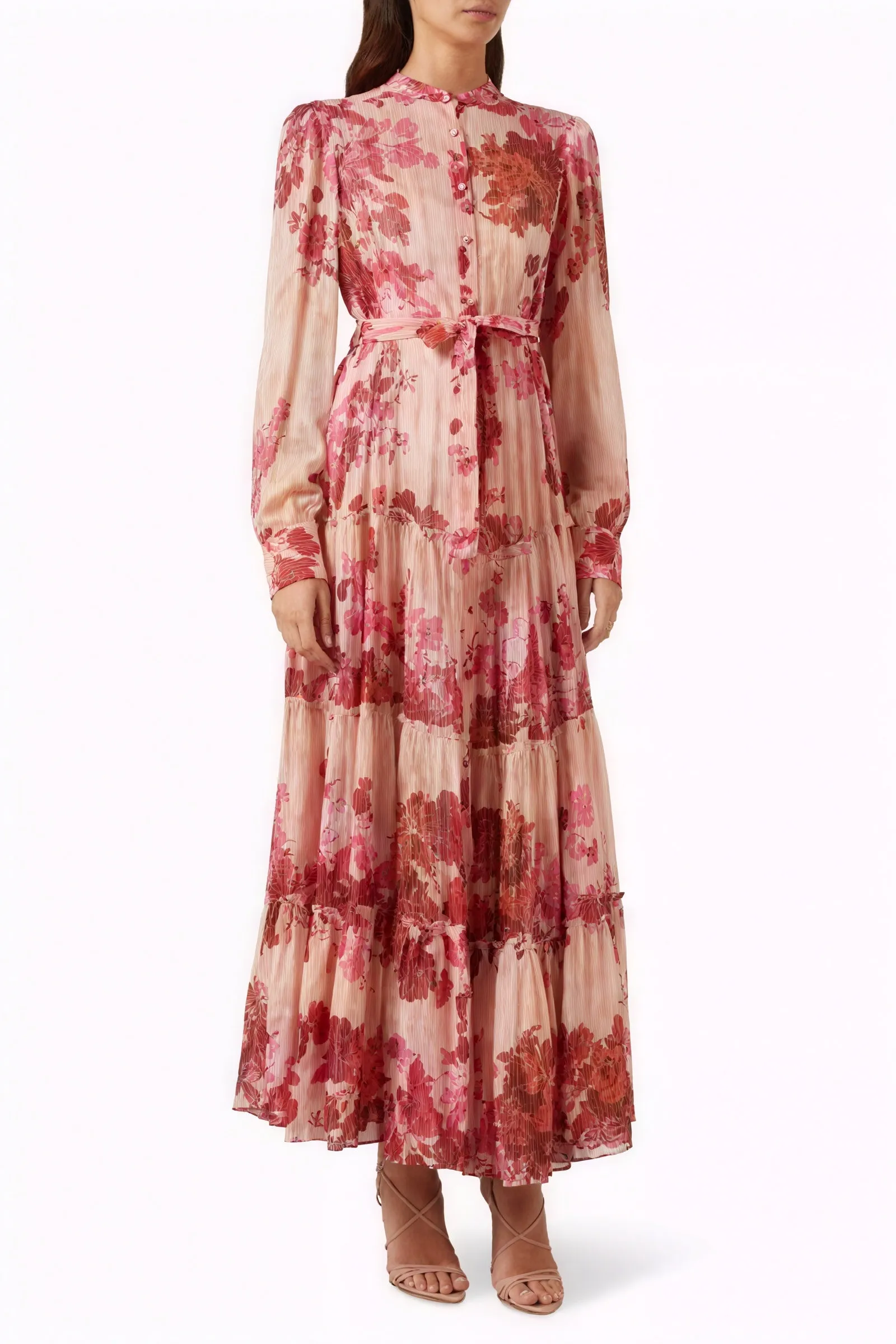 Floral Tiered Dress with Mandarin Collar