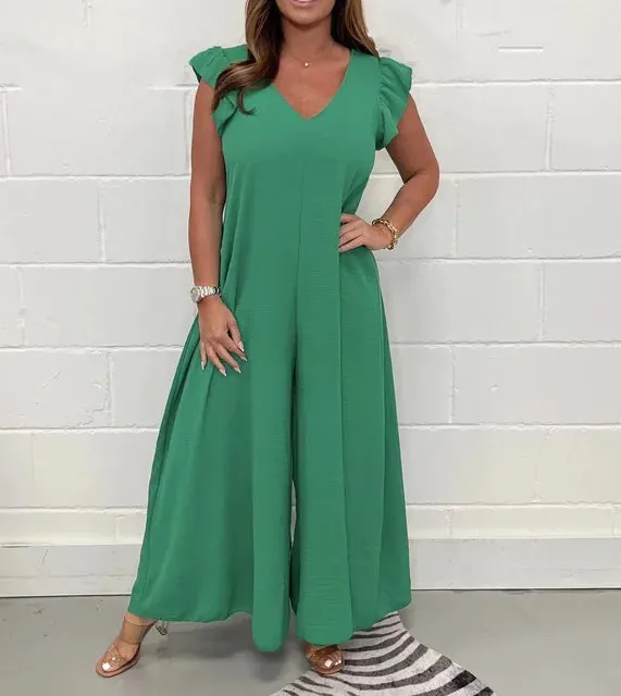 Flutter Sleeve Wide-Leg Jumpsuit | Vibrant Polyester | Flowy and Stylish