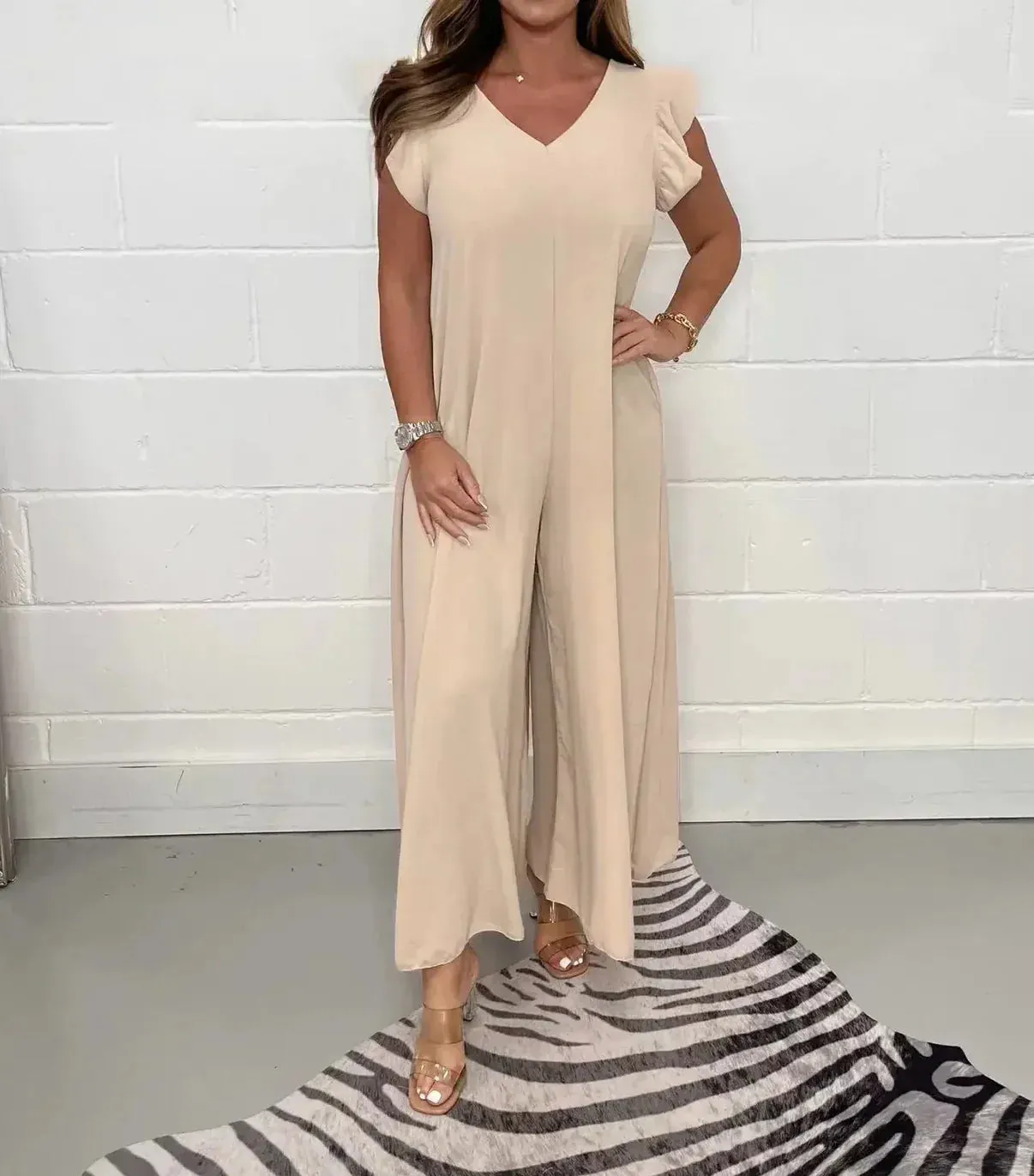 Flutter Sleeve Wide-Leg Jumpsuit | Vibrant Polyester | Flowy and Stylish