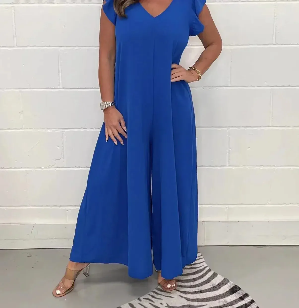 Flutter Sleeve Wide-Leg Jumpsuit | Vibrant Polyester | Flowy and Stylish