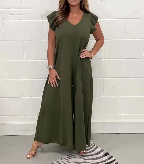 Flutter Sleeve Wide-Leg Jumpsuit | Vibrant Polyester | Flowy and Stylish