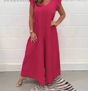 Flutter Sleeve Wide-Leg Jumpsuit | Vibrant Polyester | Flowy and Stylish