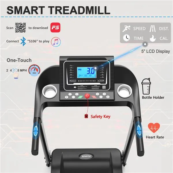 Foldable Treadmill With Tilt Function, 5-inch LCD Screen, 250 Pound Capacity, Bluetooth Music