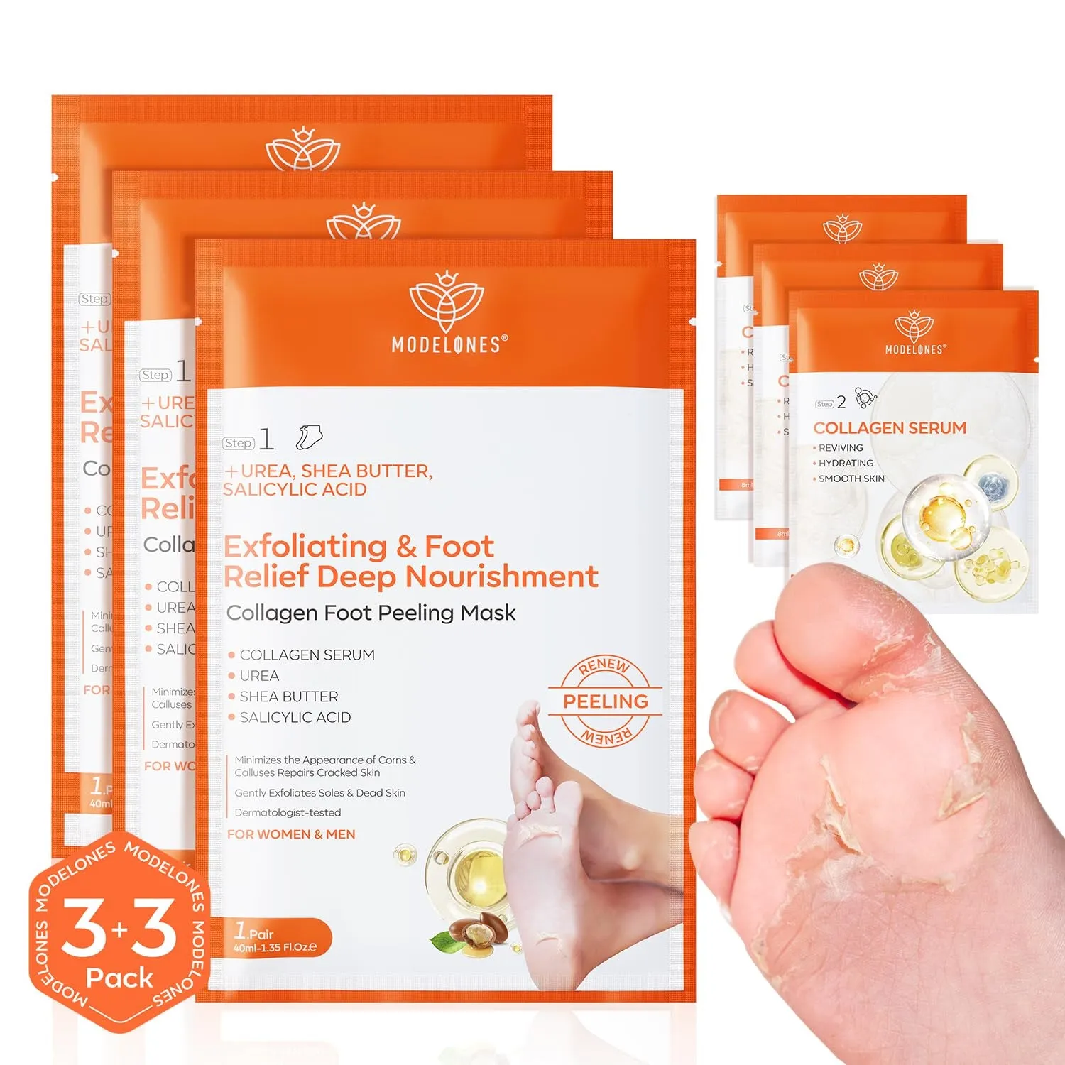 Foot Peeling Mask 3 Pack, Exfoliating Foot Mask for Dry Cracked Feet, Callus Dead Skin Remover for Feet, Additional 3 Pack Collagen Serum for Reviving Baby Soft Smooth Feet, Women and Man