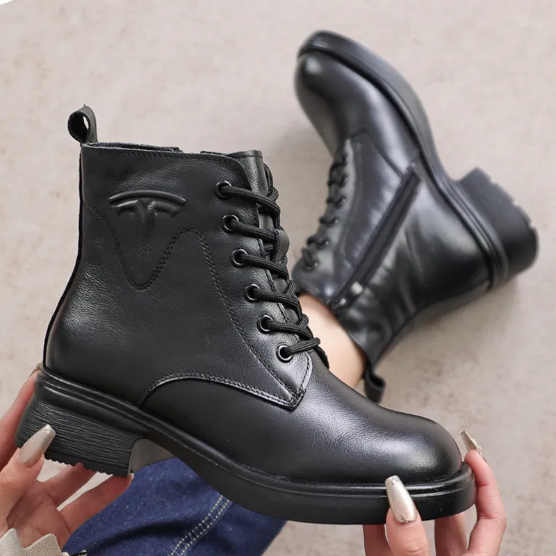 Genuine Leather Winter Warm Plus Fleece Short Boots Women's High Heel Non-slip Platform Shoes