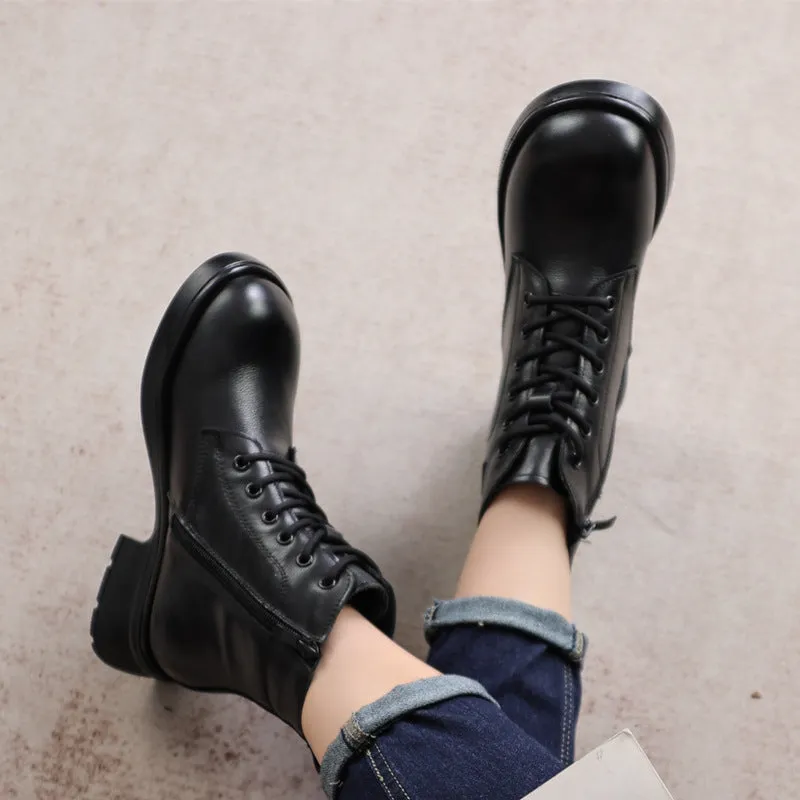 Genuine Leather Winter Warm Plus Fleece Short Boots Women's High Heel Non-slip Platform Shoes