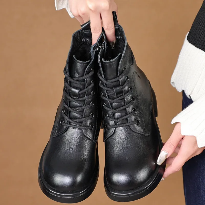 Genuine Leather Winter Warm Plus Fleece Short Boots Women's High Heel Non-slip Platform Shoes