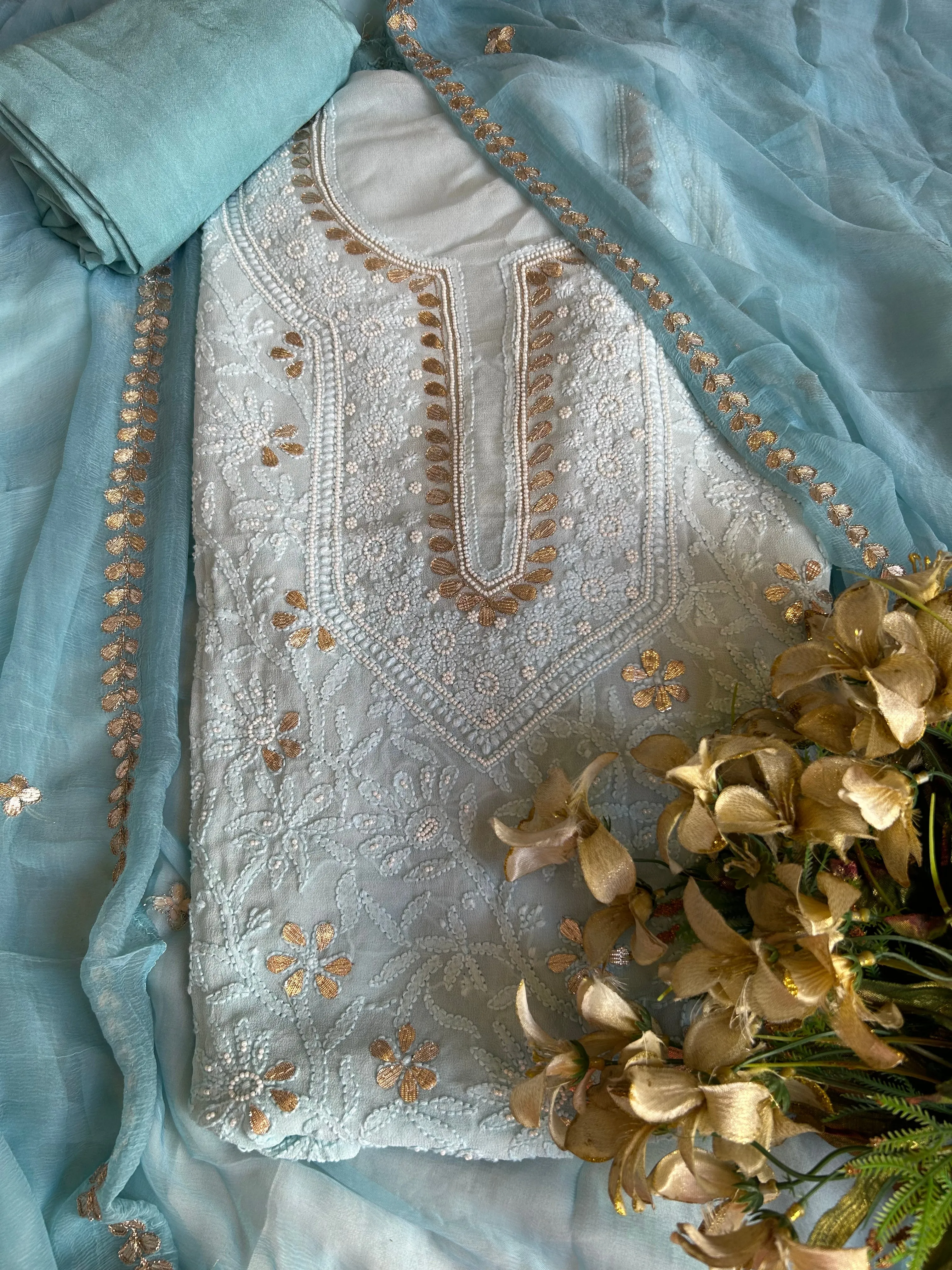 Georgette Chikankari Gota Patti Unstitched Salwar Kameez in calm blue