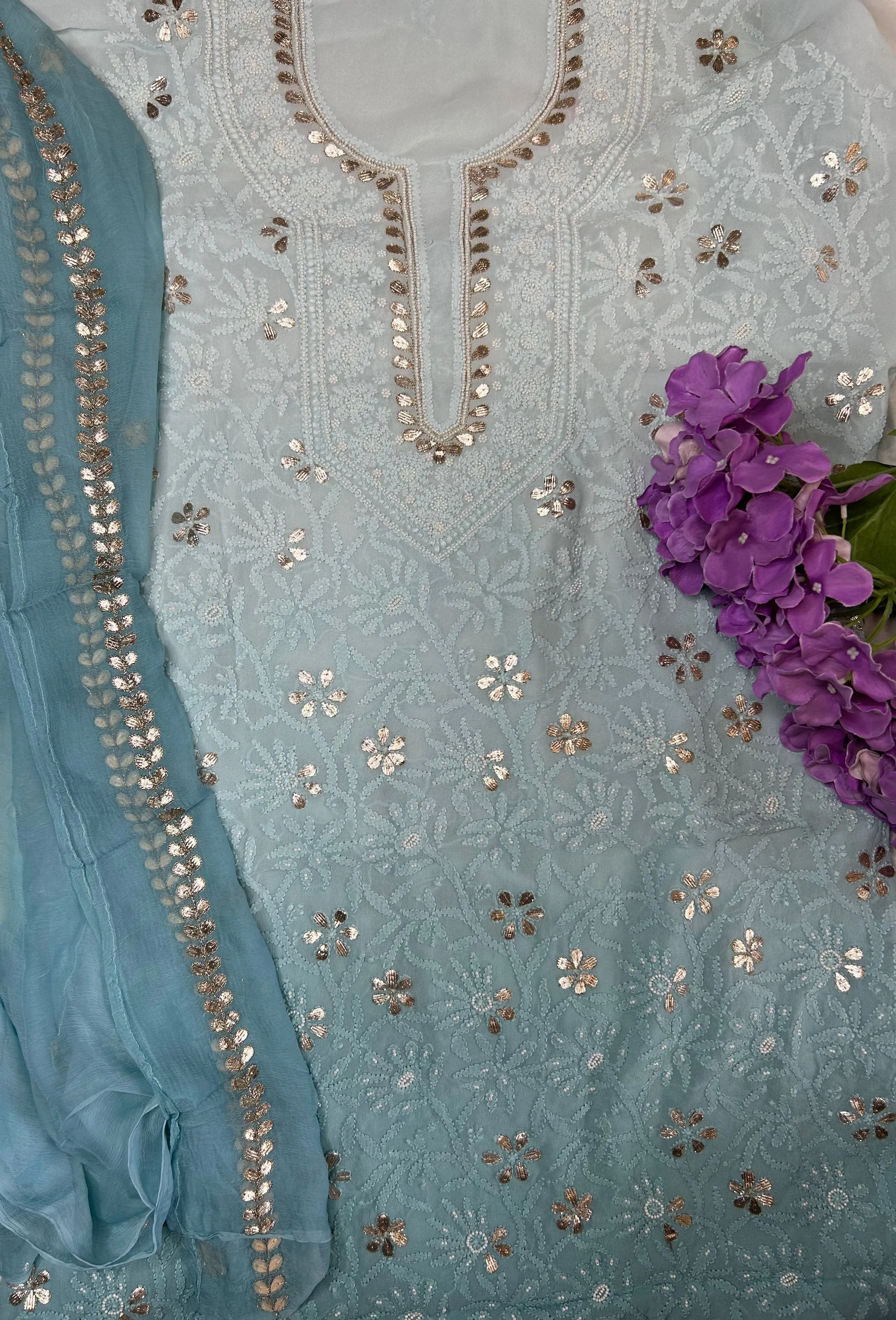 Georgette Chikankari Gota Patti Unstitched Salwar Kameez in calm blue