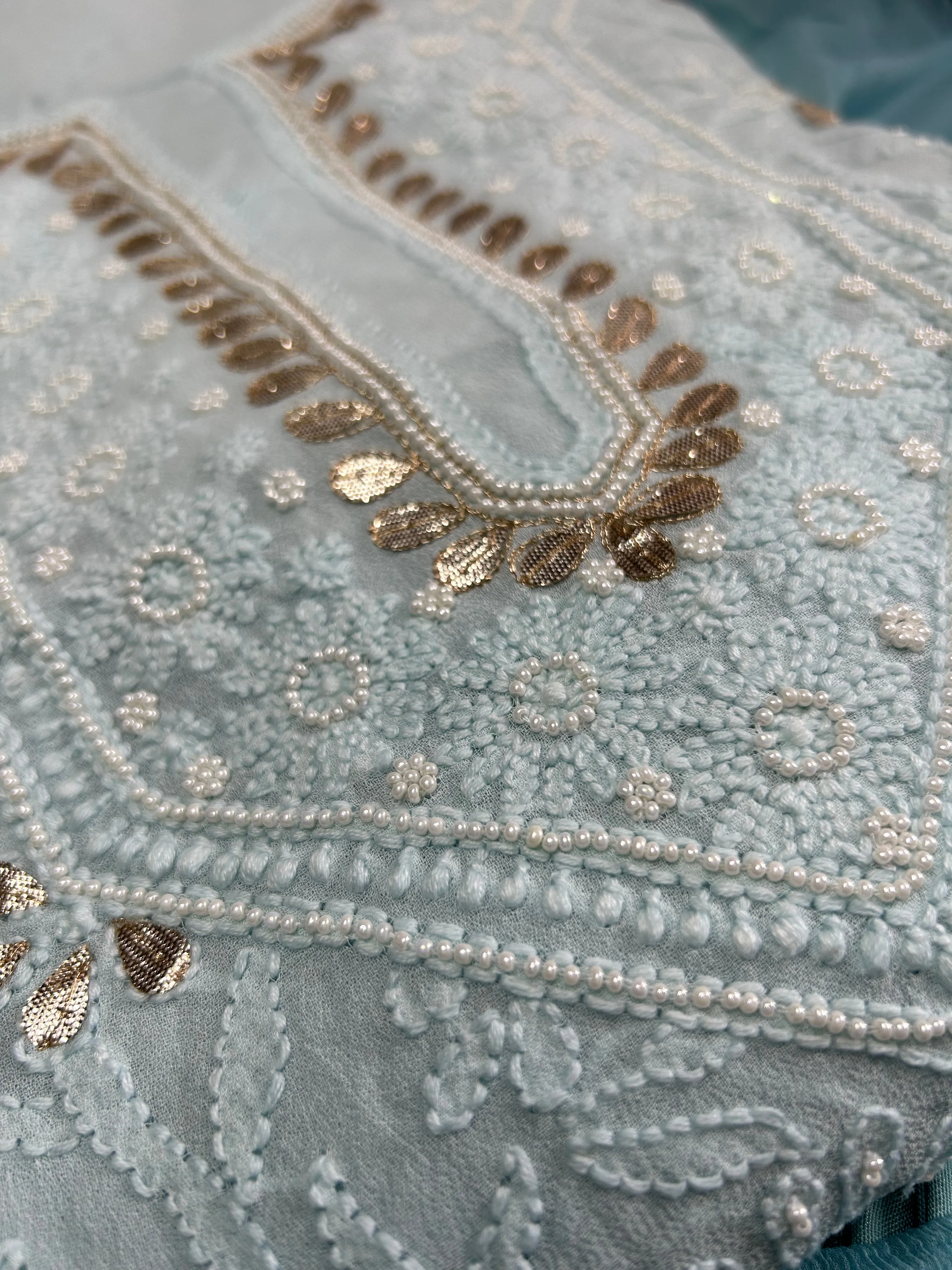 Georgette Chikankari Gota Patti Unstitched Salwar Kameez in calm blue