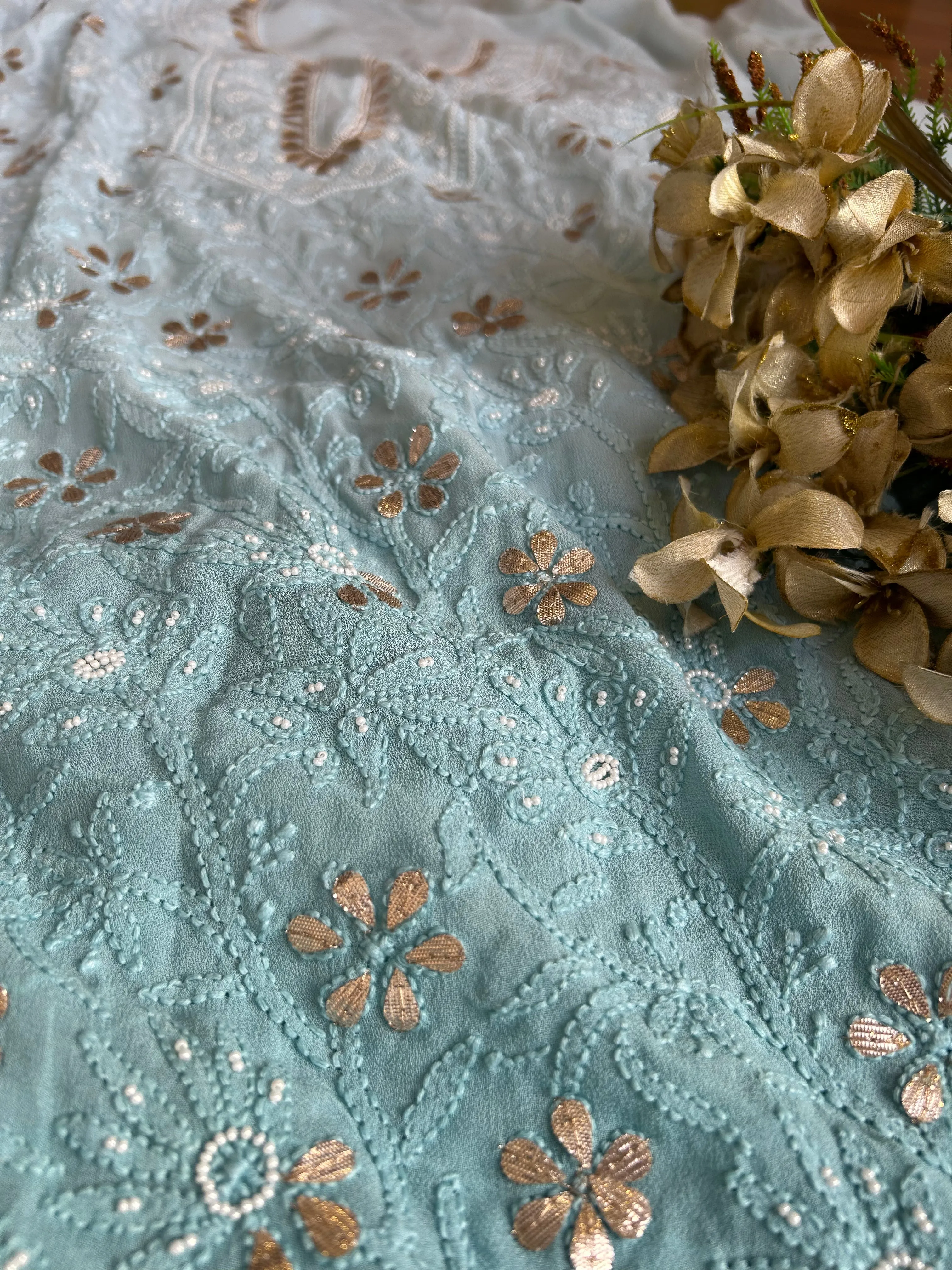 Georgette Chikankari Gota Patti Unstitched Salwar Kameez in calm blue