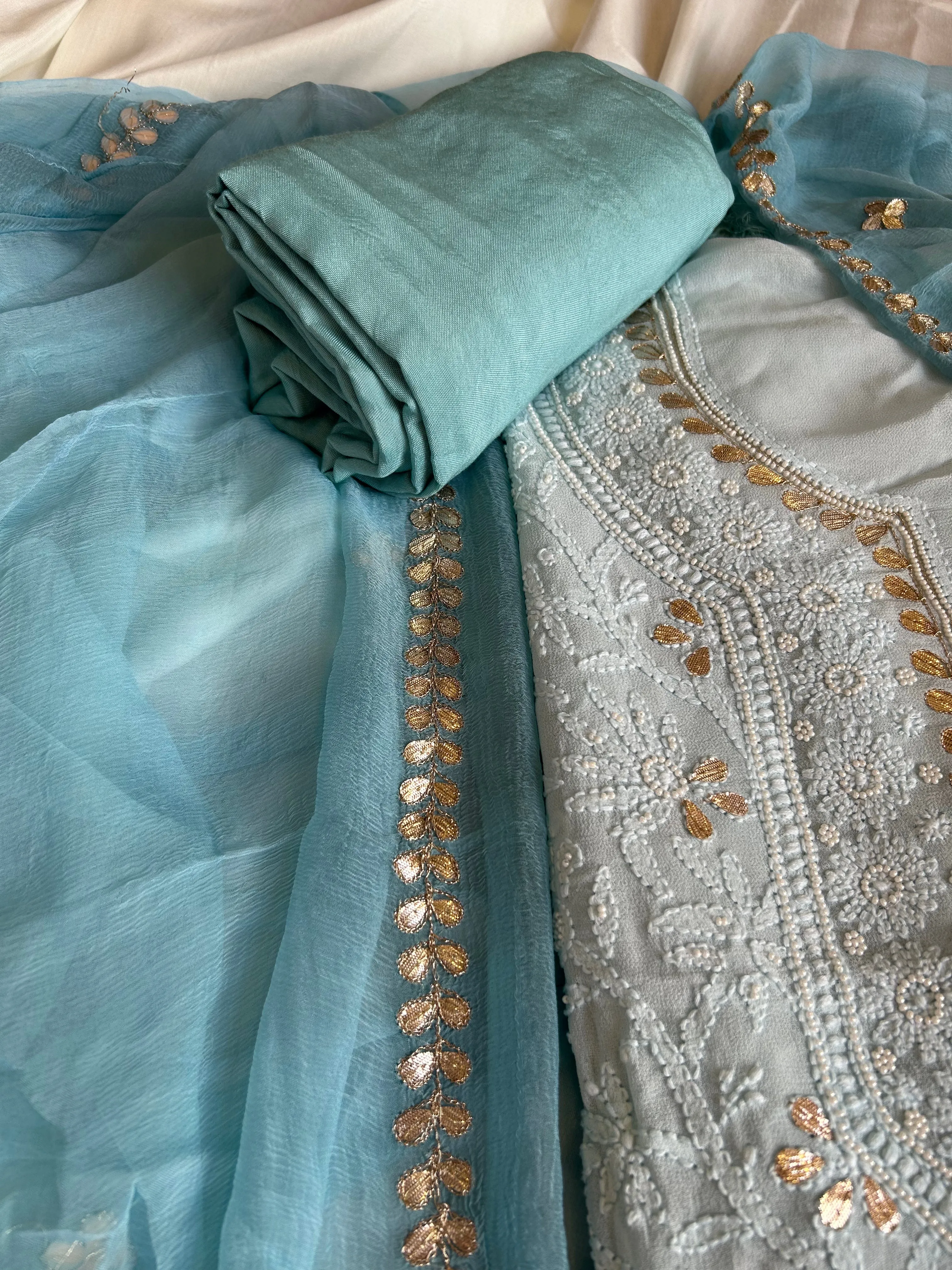 Georgette Chikankari Gota Patti Unstitched Salwar Kameez in calm blue