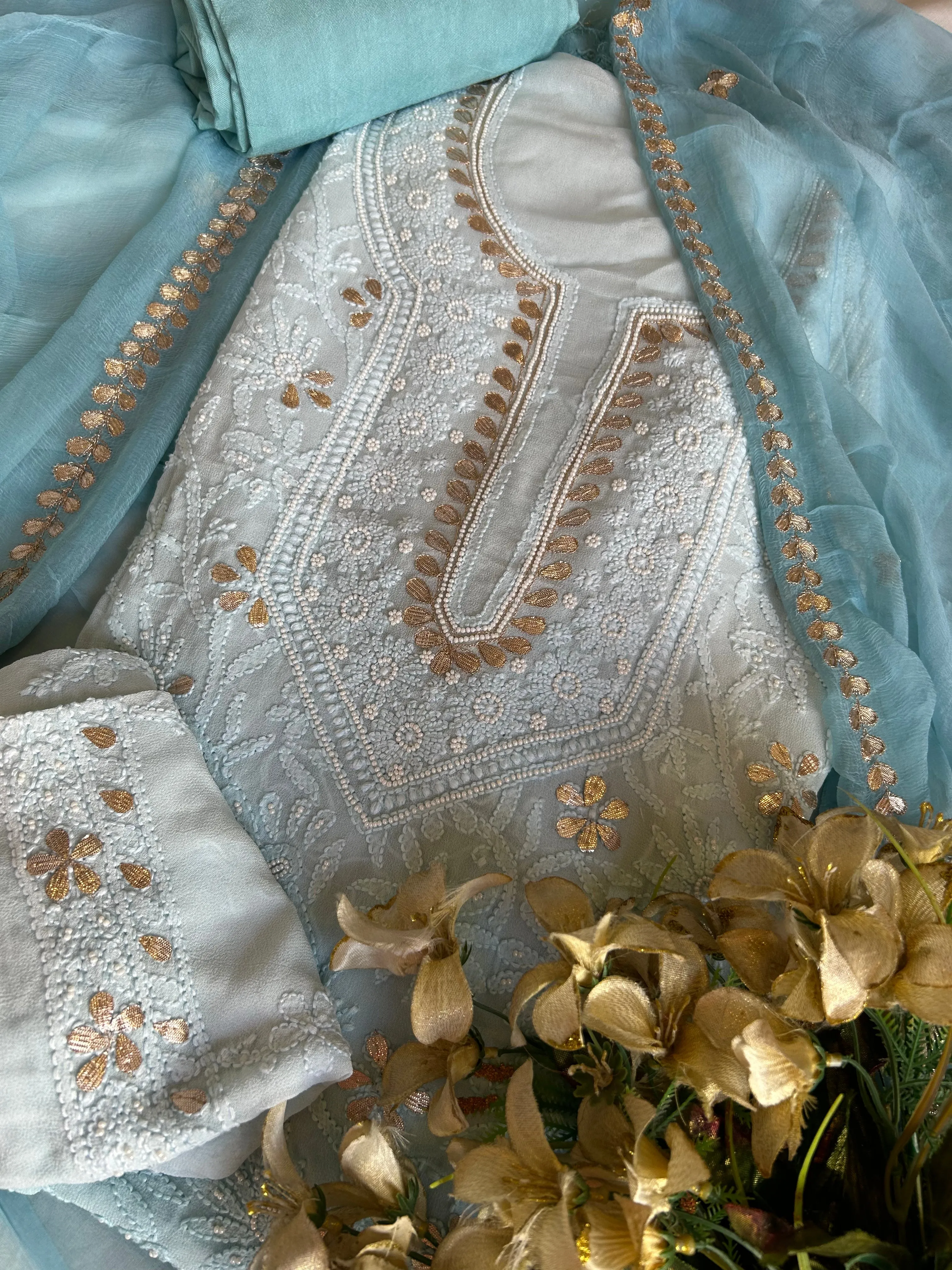 Georgette Chikankari Gota Patti Unstitched Salwar Kameez in calm blue