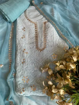 Georgette Chikankari Gota Patti Unstitched Salwar Kameez in calm blue