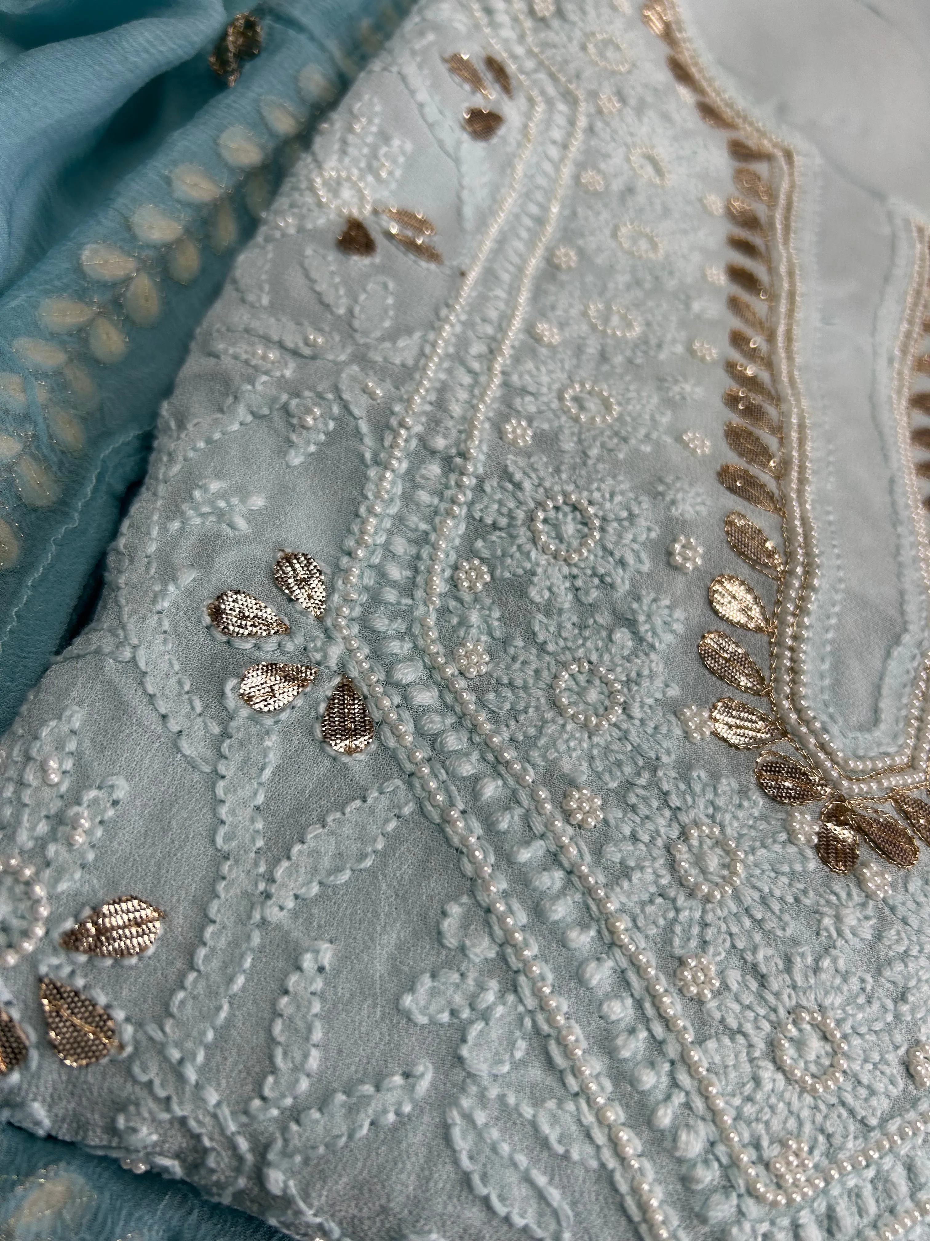 Georgette Chikankari Gota Patti Unstitched Salwar Kameez in calm blue