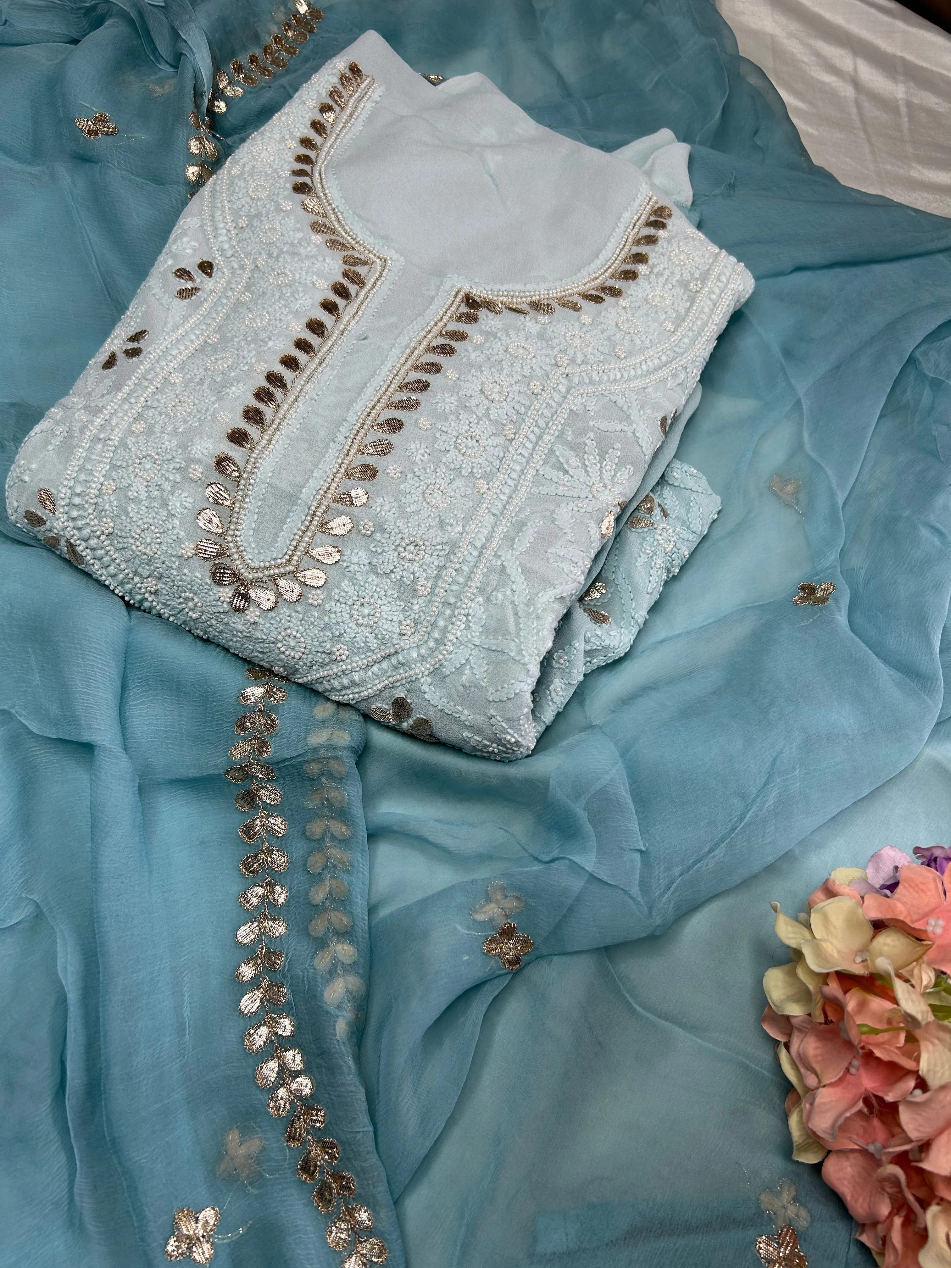 Georgette Chikankari Gota Patti Unstitched Salwar Kameez in calm blue