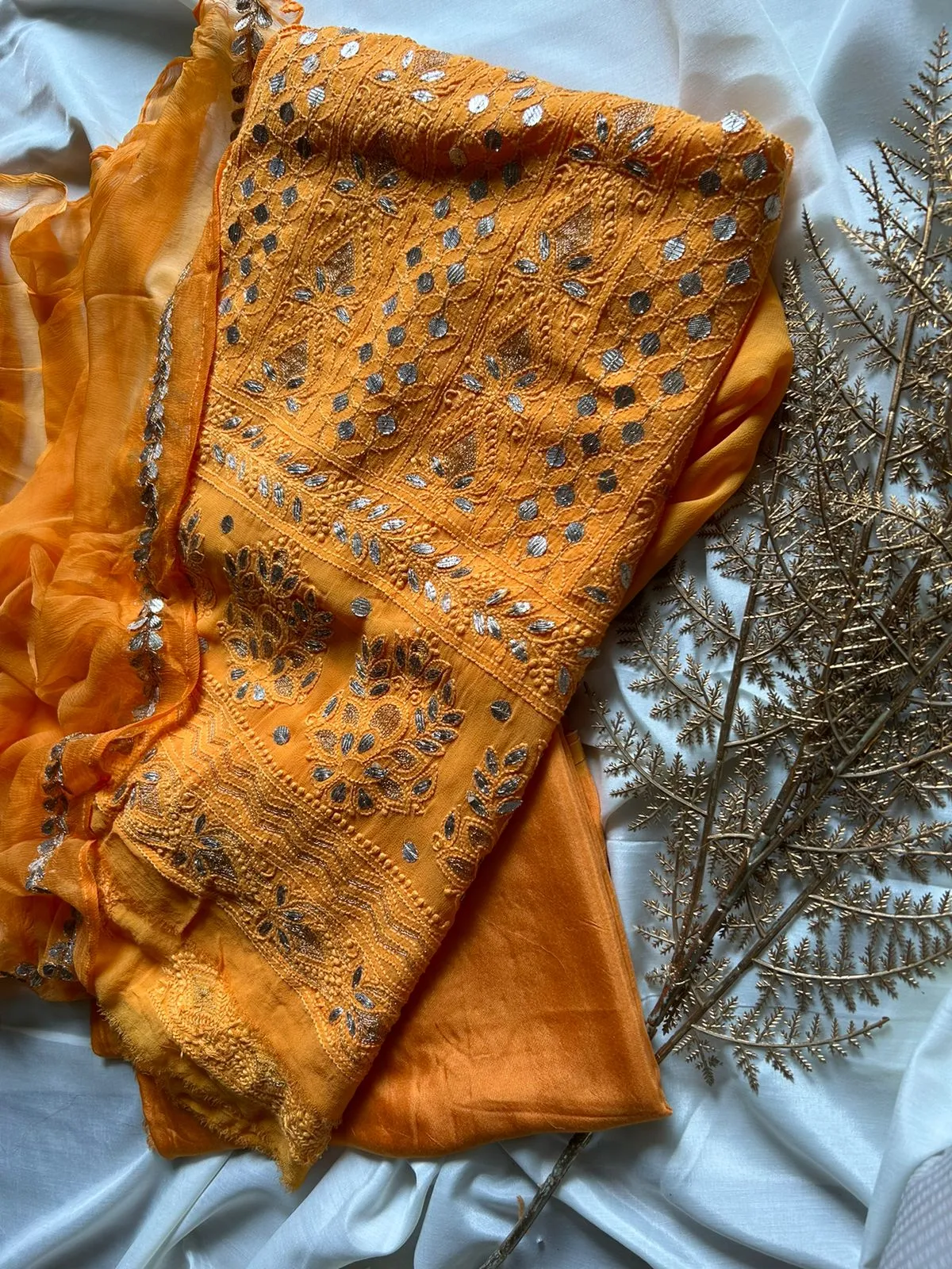 Gerua Orange Georgette Chinkari Gota Patti Unstitched Salwar Suit online