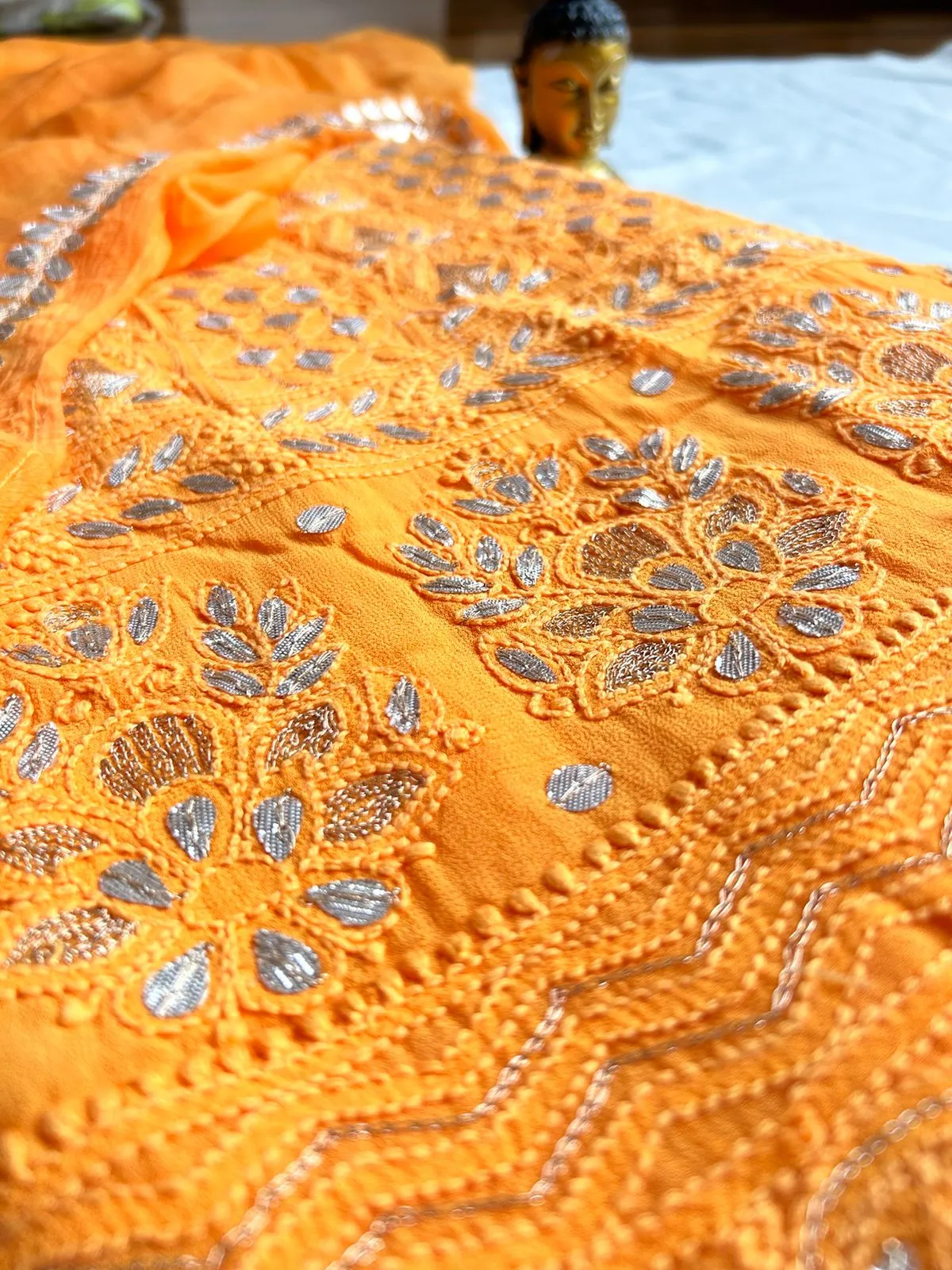 Gerua Orange Georgette Chinkari Gota Patti Unstitched Salwar Suit online