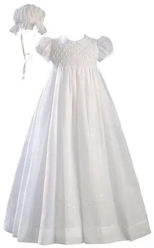 Girls White 32 inch Hand Smocked Polycotton Batiste Christening Baptism Gown  LTML-CO06GS