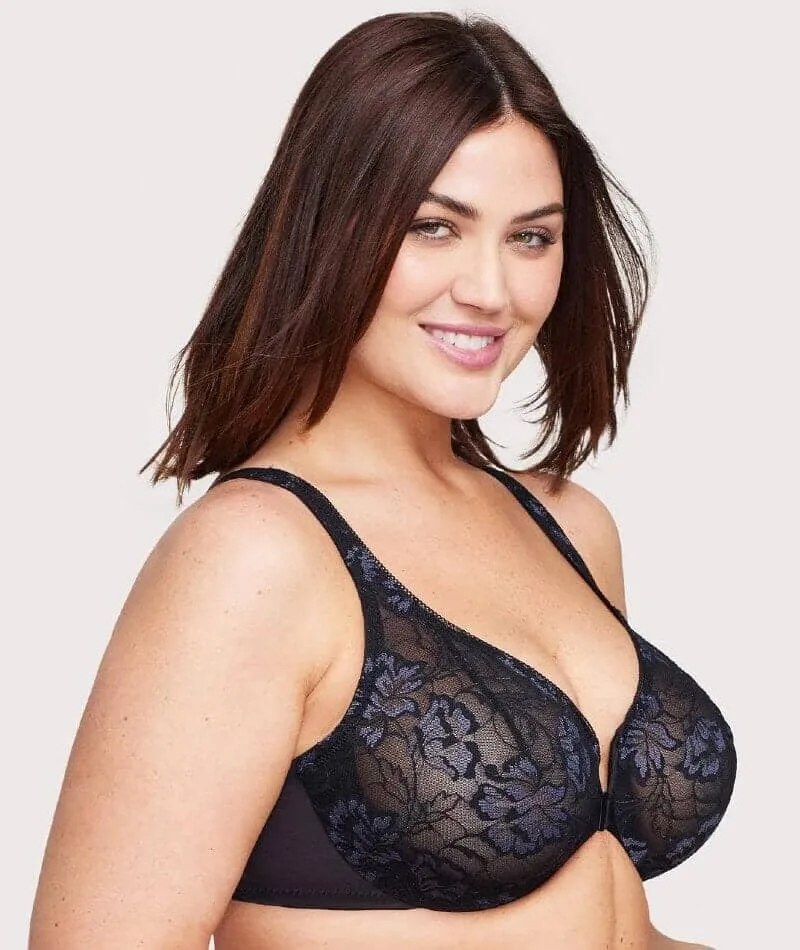 Glamorise Lacey T-Back Front-Closure WonderWire Bra - Black