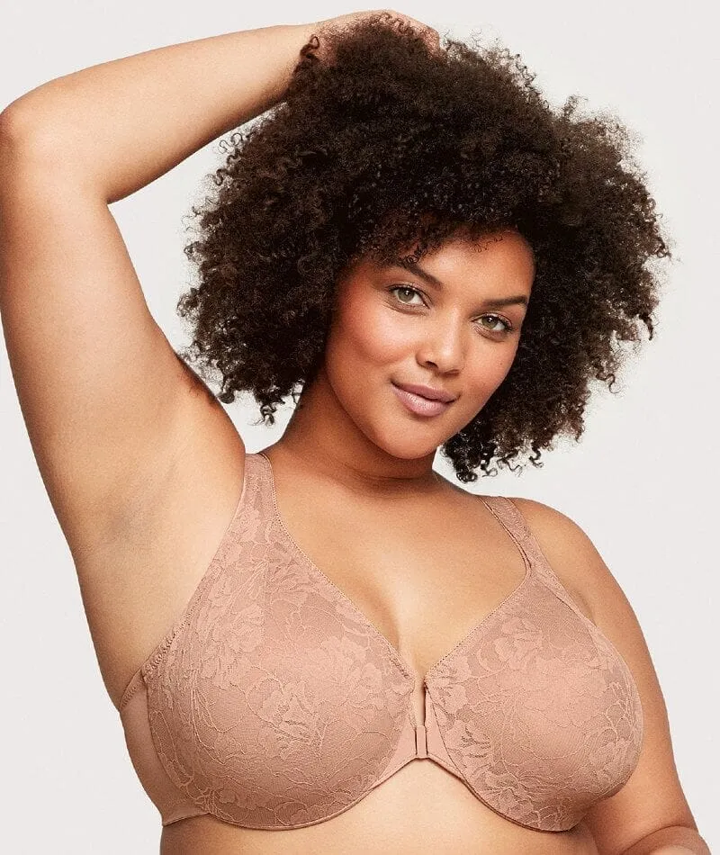 Glamorise Lacey T-Back Front-Closure WonderWire Bra - Cappuccino