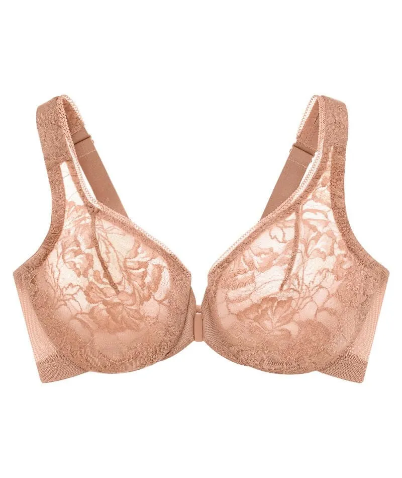 Glamorise Lacey T-Back Front-Closure WonderWire Bra - Cappuccino
