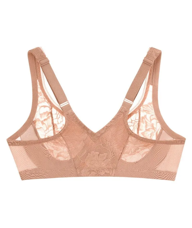 Glamorise Lacey T-Back Front-Closure WonderWire Bra - Cappuccino