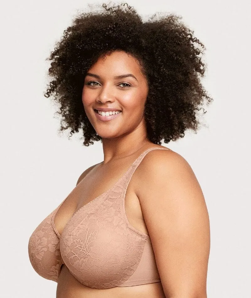 Glamorise Lacey T-Back Front-Closure WonderWire Bra - Cappuccino