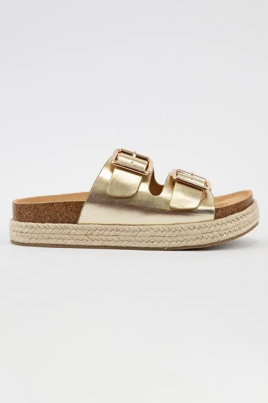 Gold Thick Double Strap Cork Sandal