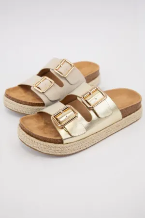 Gold Thick Double Strap Cork Sandal