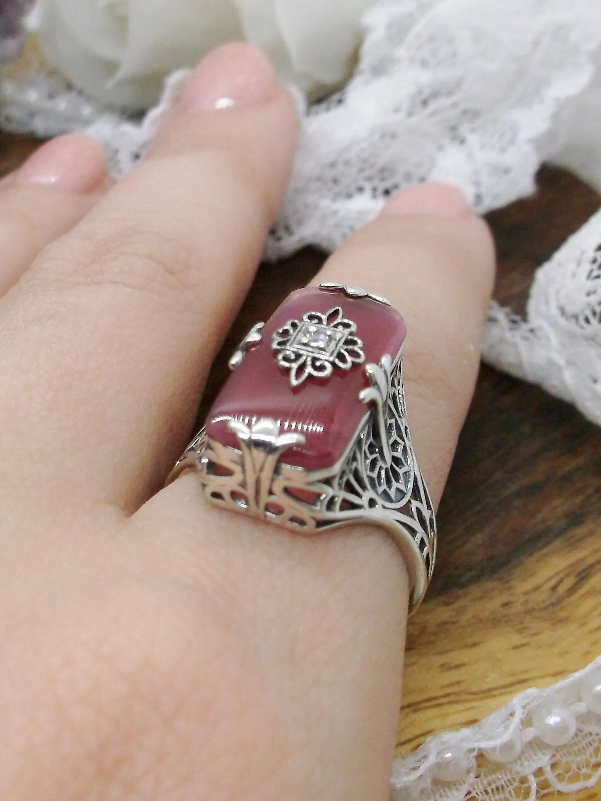 Grace Ring, Petal Pink Glass, Edwardian Style Jewelry #D233