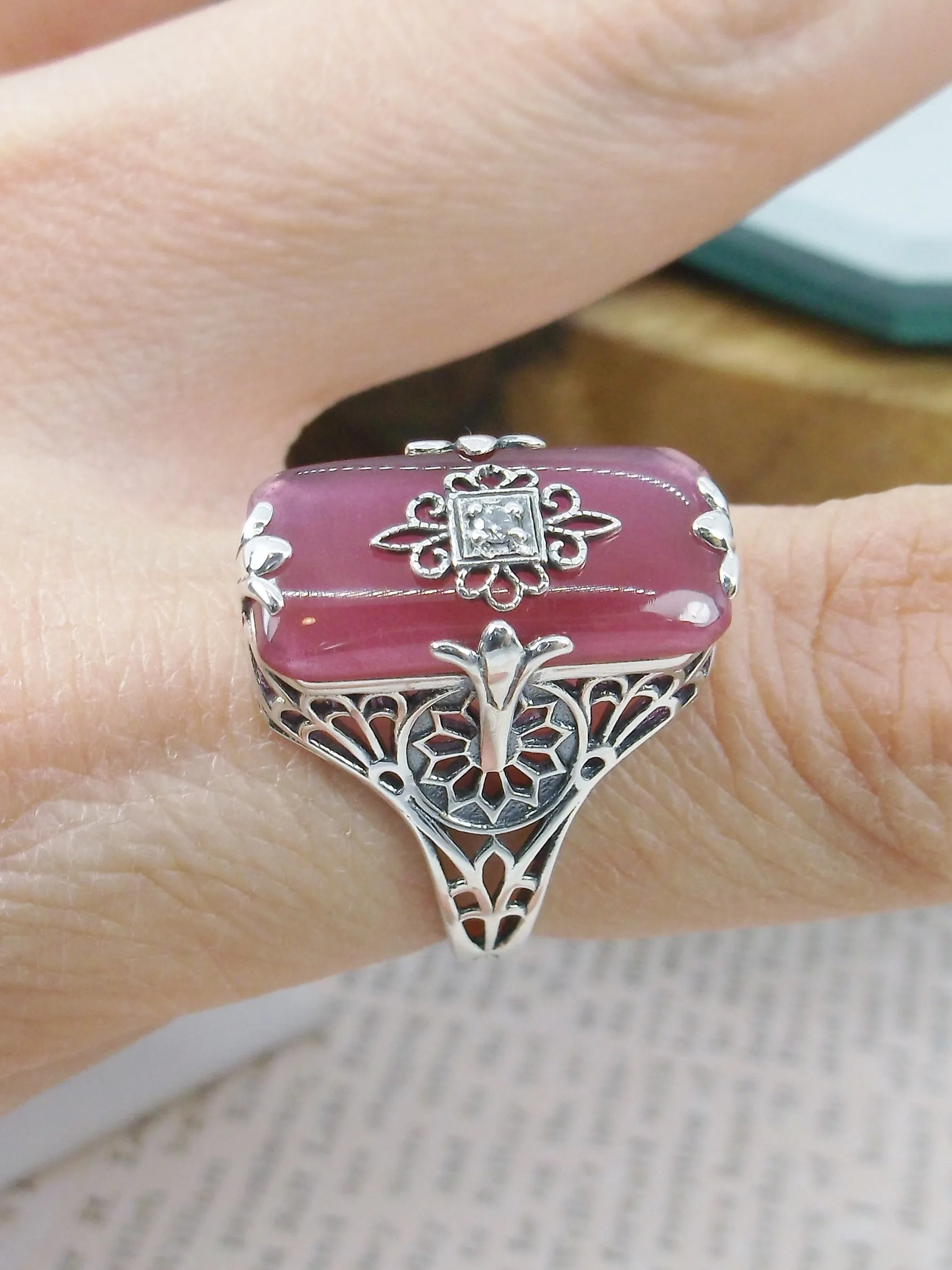 Grace Ring, Petal Pink Glass, Edwardian Style Jewelry #D233