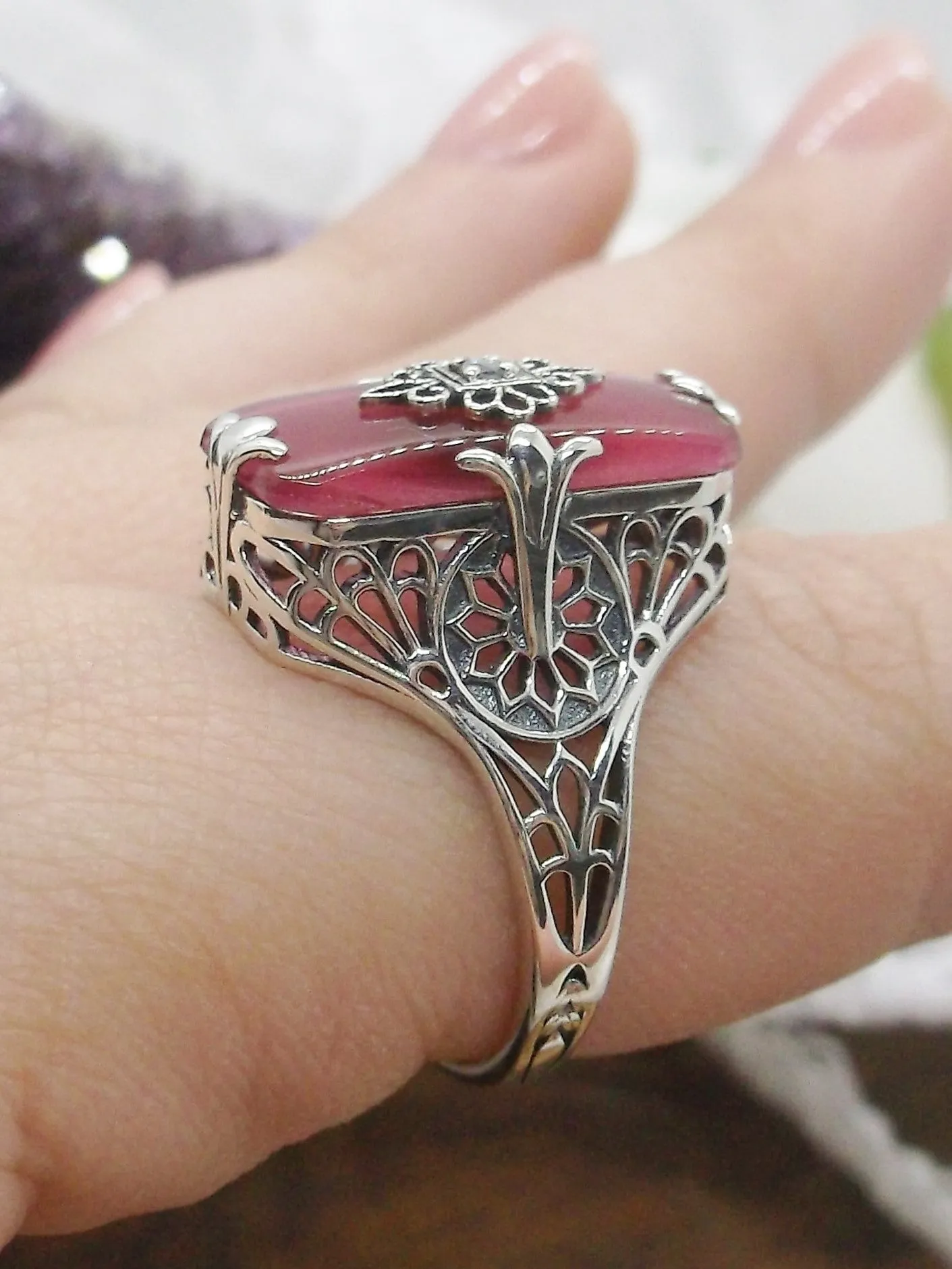 Grace Ring, Petal Pink Glass, Edwardian Style Jewelry #D233