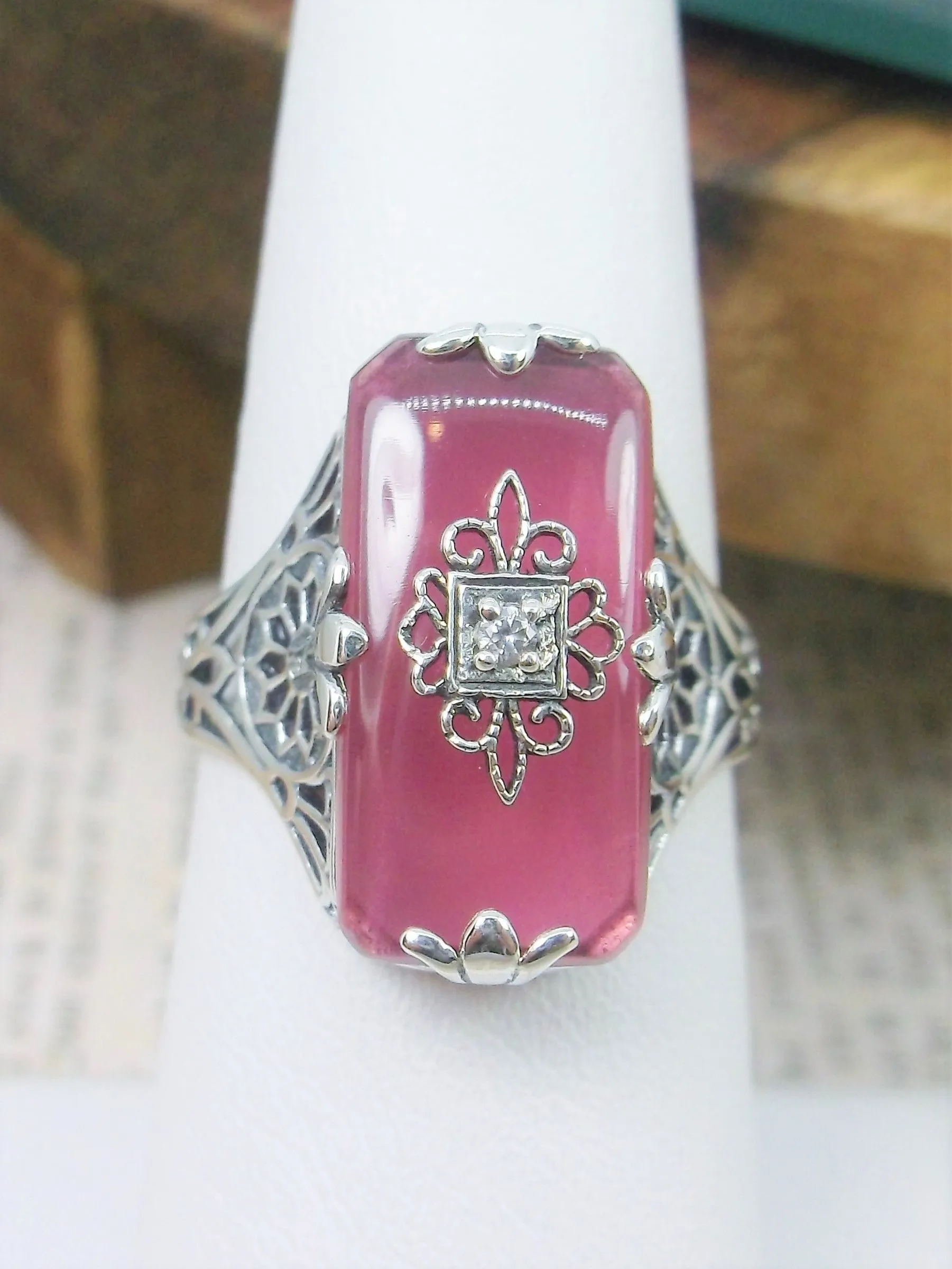 Grace Ring, Petal Pink Glass, Edwardian Style Jewelry #D233
