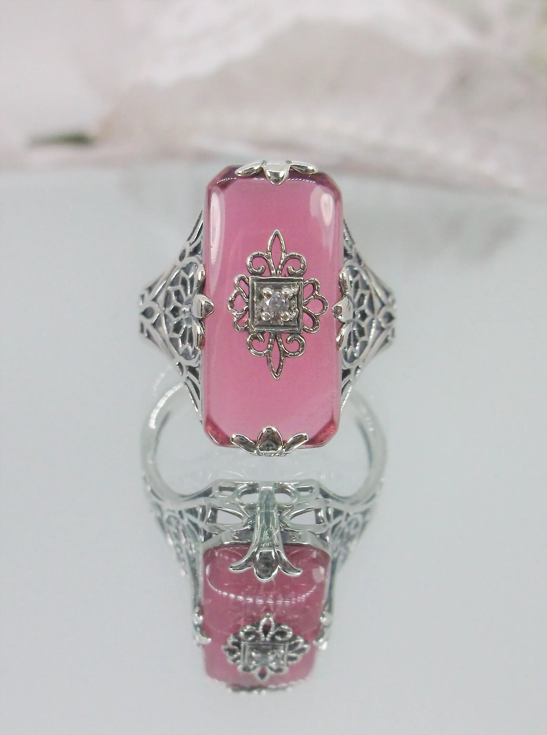 Grace Ring, Petal Pink Glass, Edwardian Style Jewelry #D233