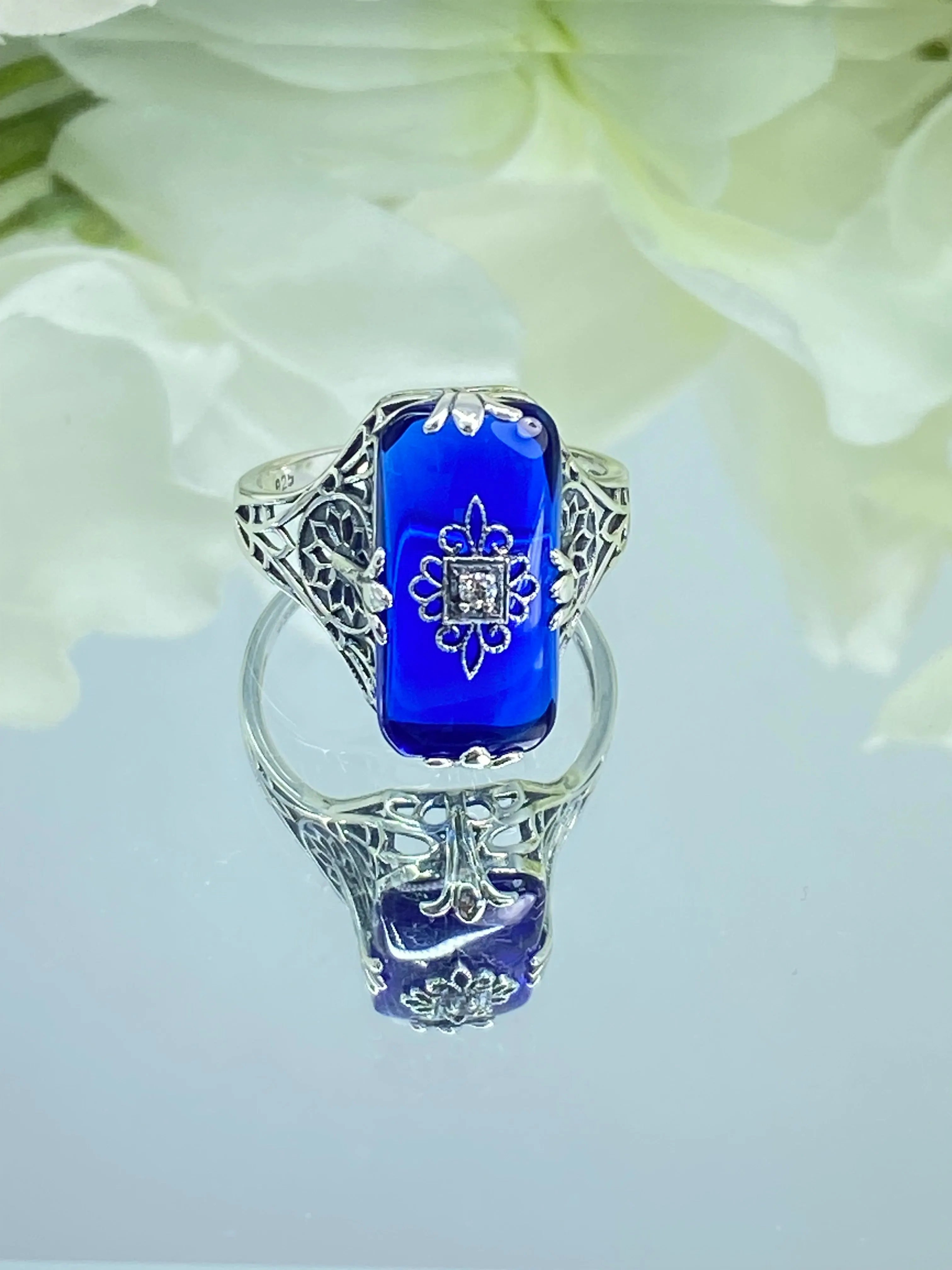 Grace Ring, Sapphire Blue Glass, Edwardian Style Jewelry #D233