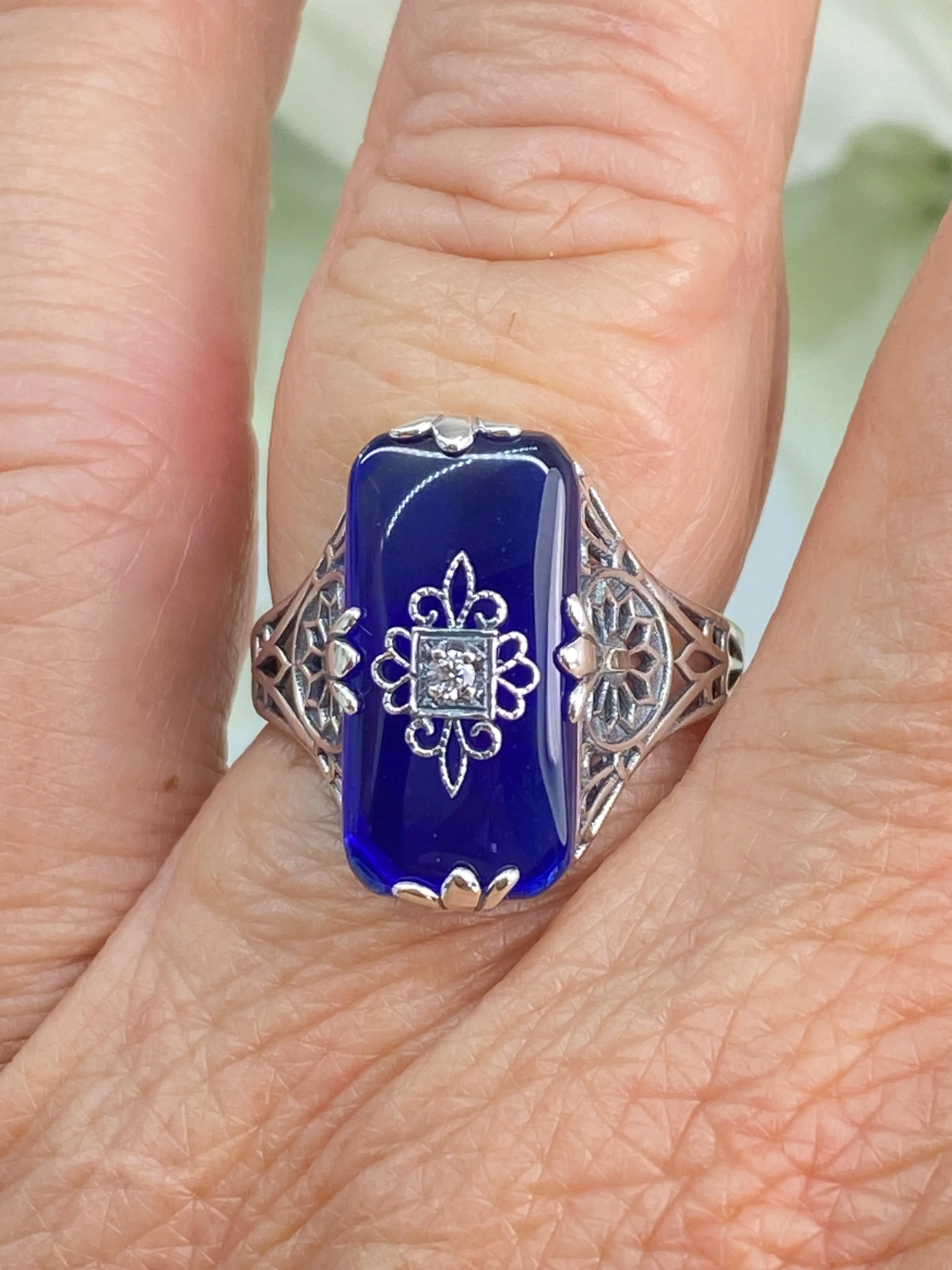 Grace Ring, Sapphire Blue Glass, Edwardian Style Jewelry #D233
