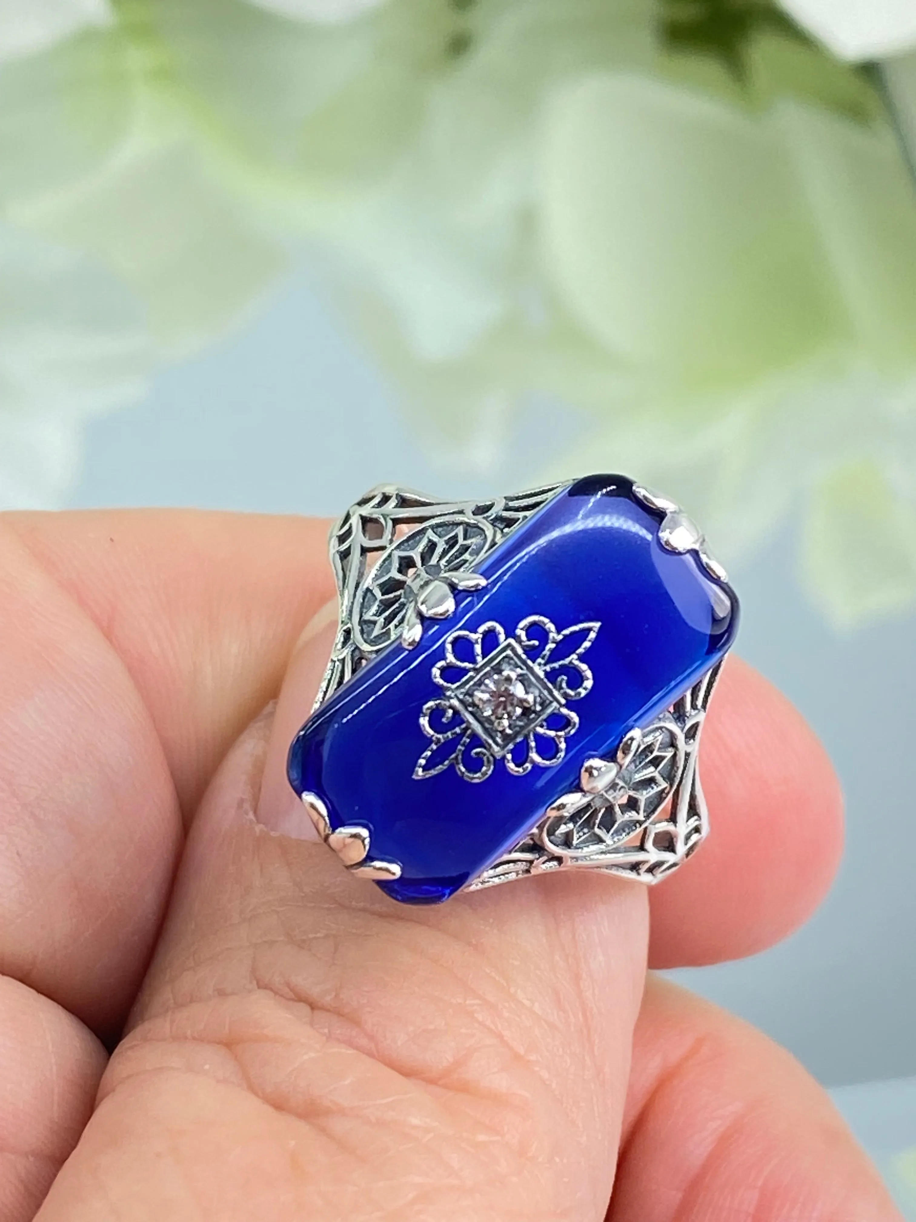 Grace Ring, Sapphire Blue Glass, Edwardian Style Jewelry #D233