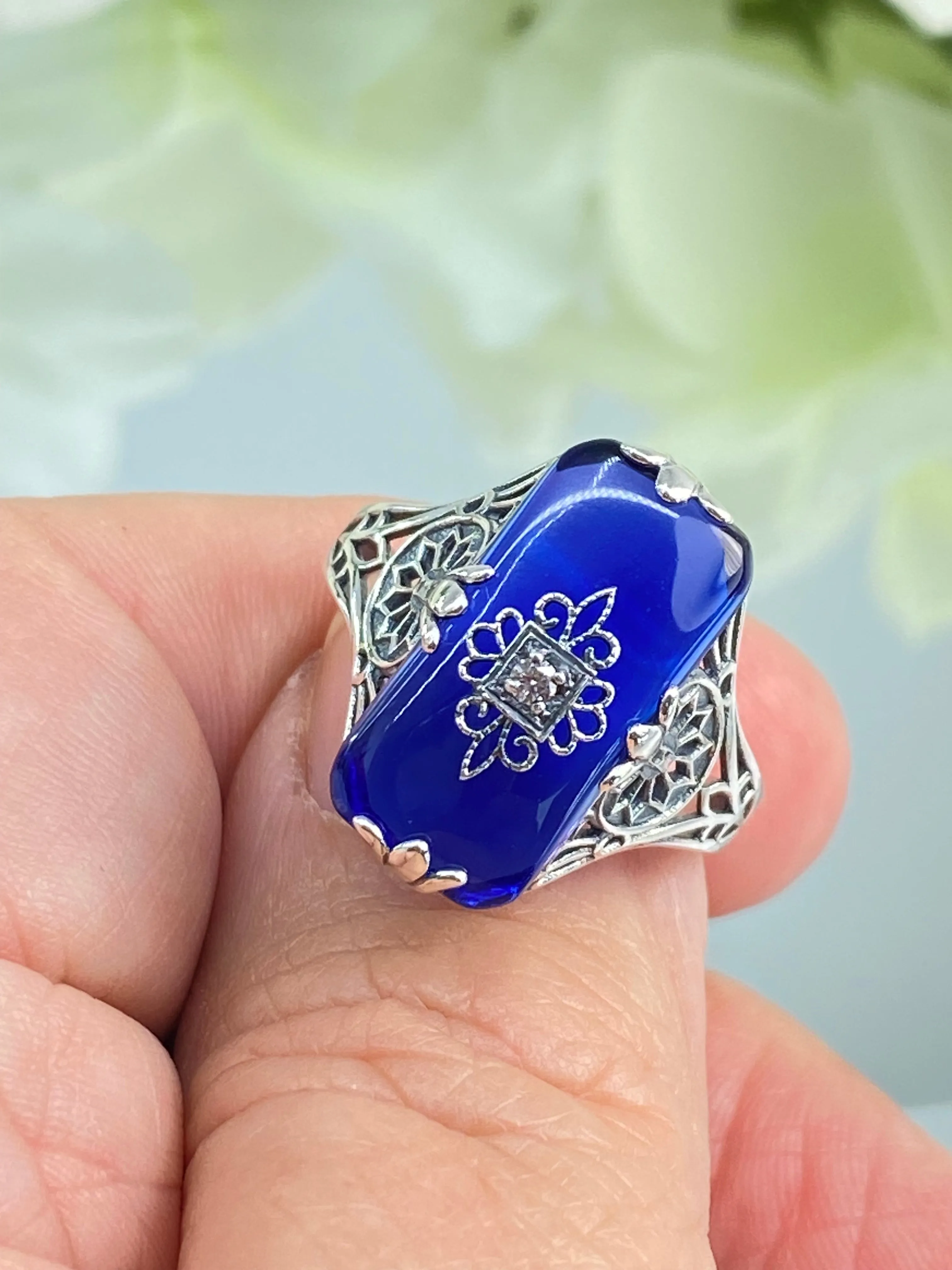 Grace Ring, Sapphire Blue Glass, Edwardian Style Jewelry #D233