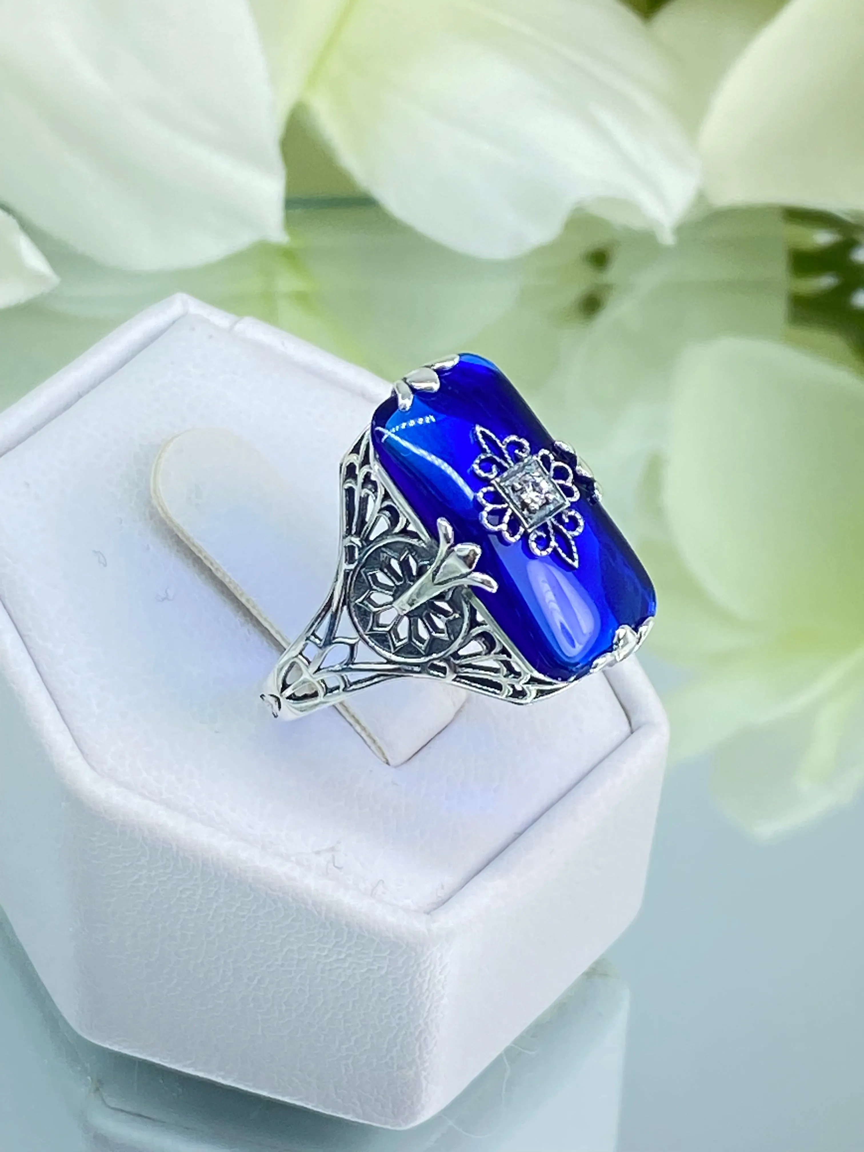 Grace Ring, Sapphire Blue Glass, Edwardian Style Jewelry #D233