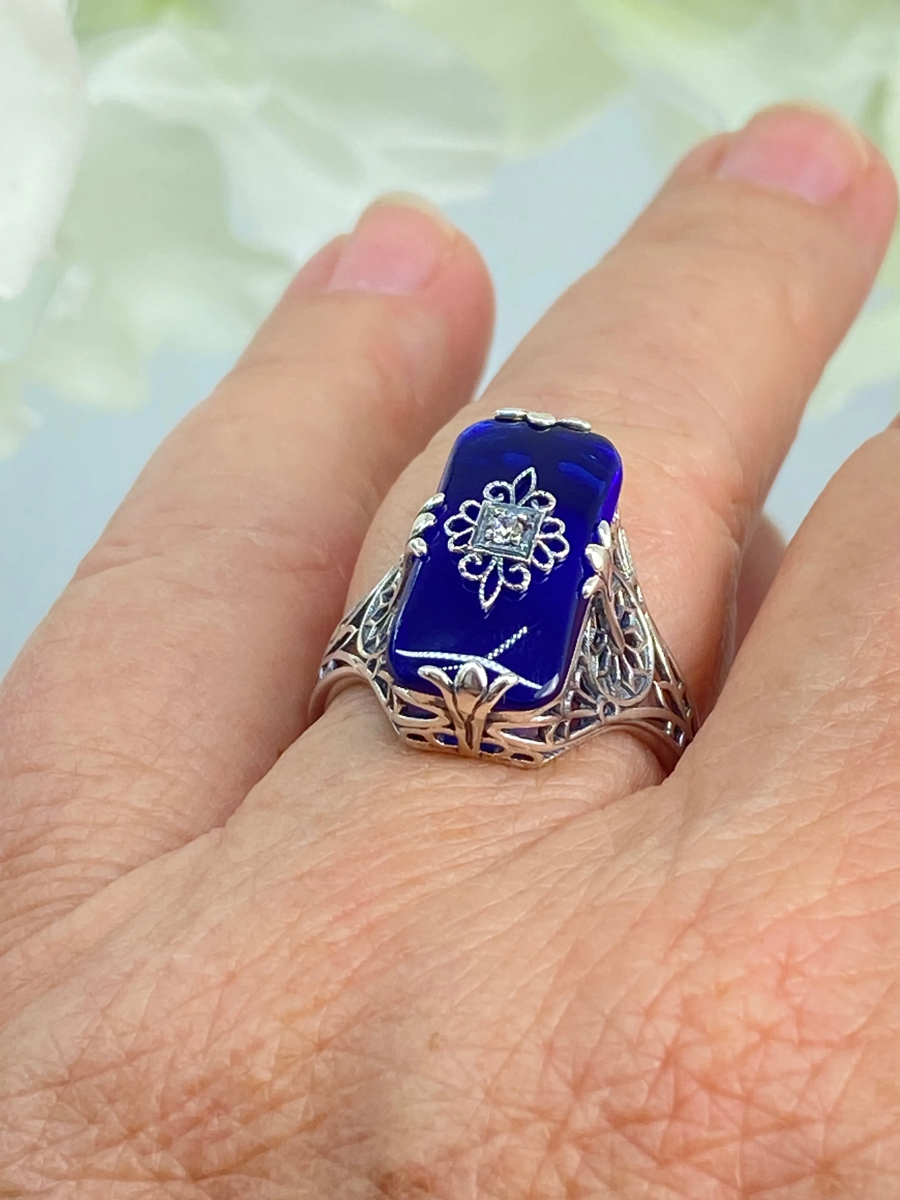 Grace Ring, Sapphire Blue Glass, Edwardian Style Jewelry #D233