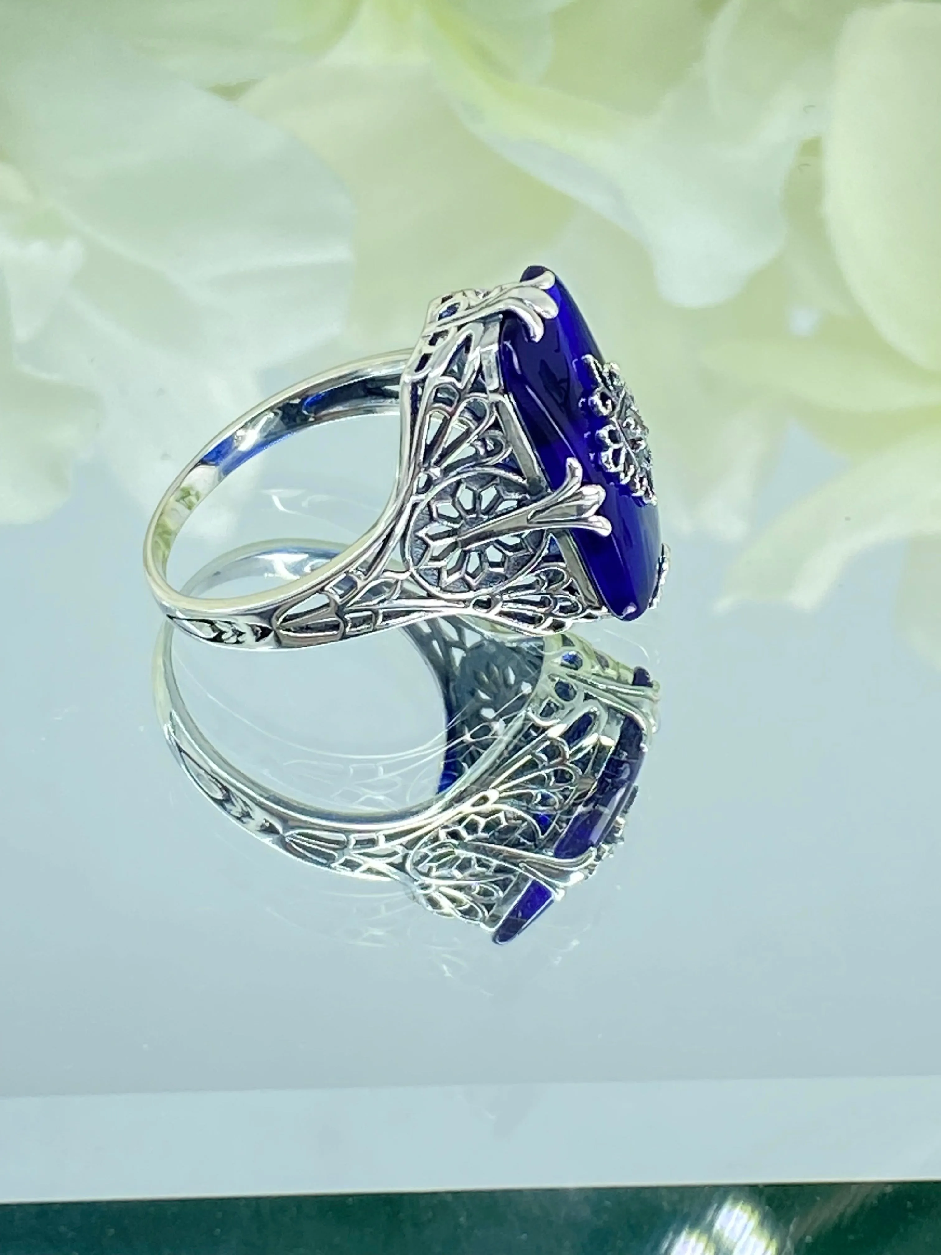 Grace Ring, Sapphire Blue Glass, Edwardian Style Jewelry #D233