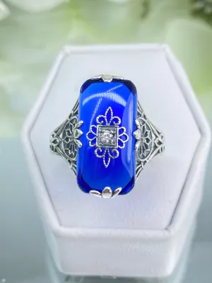 Grace Ring, Sapphire Blue Glass, Edwardian Style Jewelry #D233