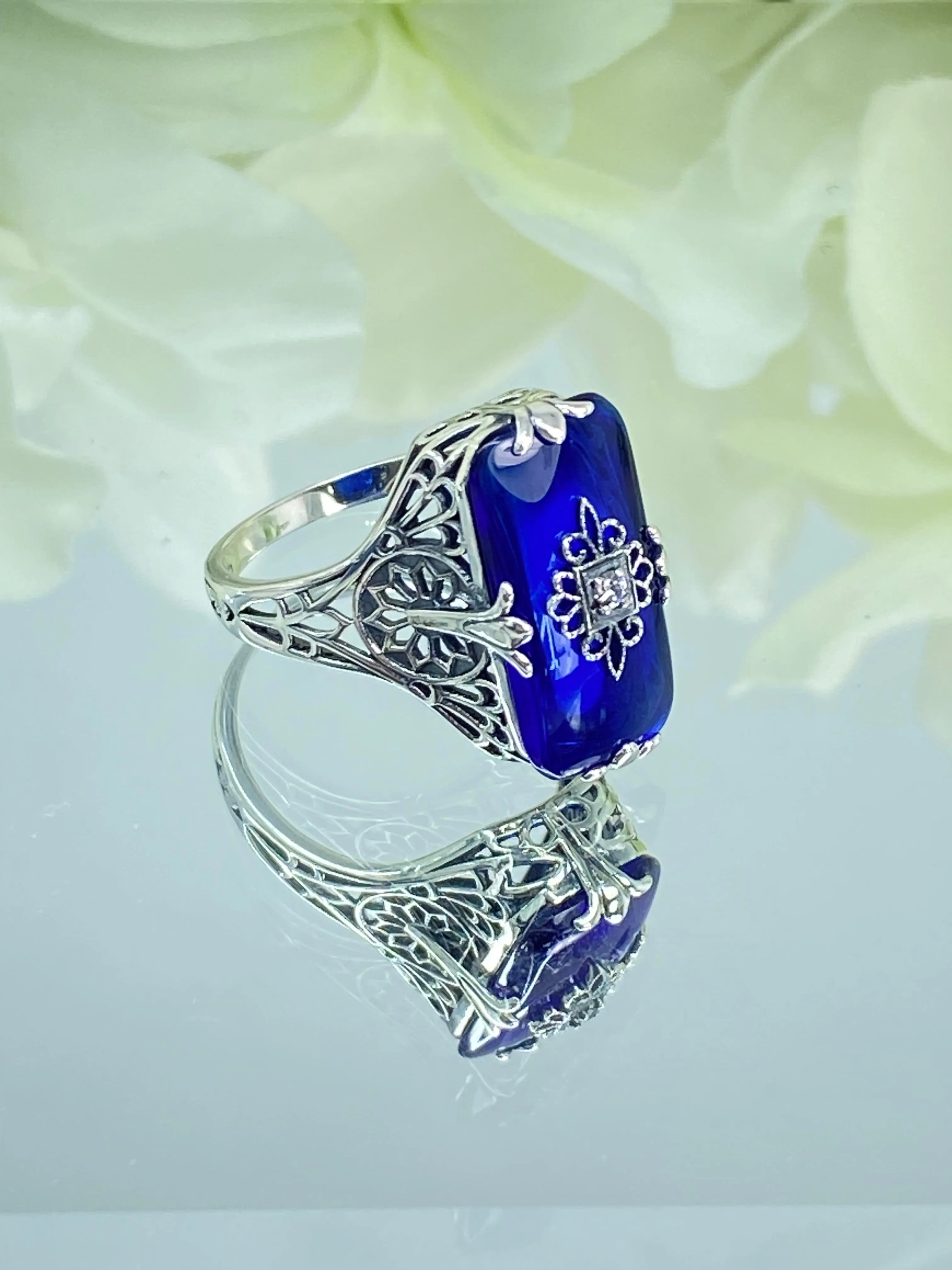 Grace Ring, Sapphire Blue Glass, Edwardian Style Jewelry #D233