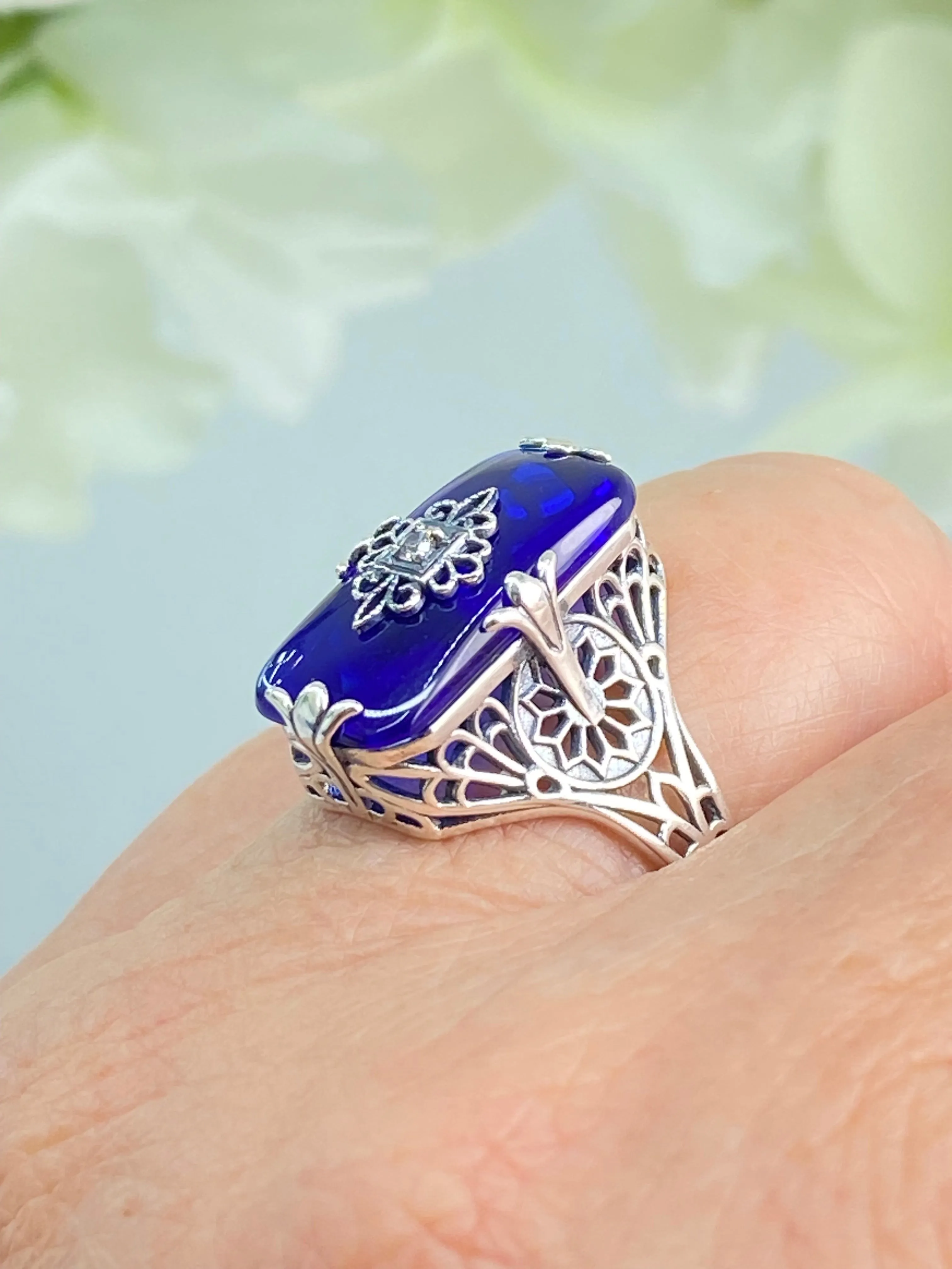 Grace Ring, Sapphire Blue Glass, Edwardian Style Jewelry #D233