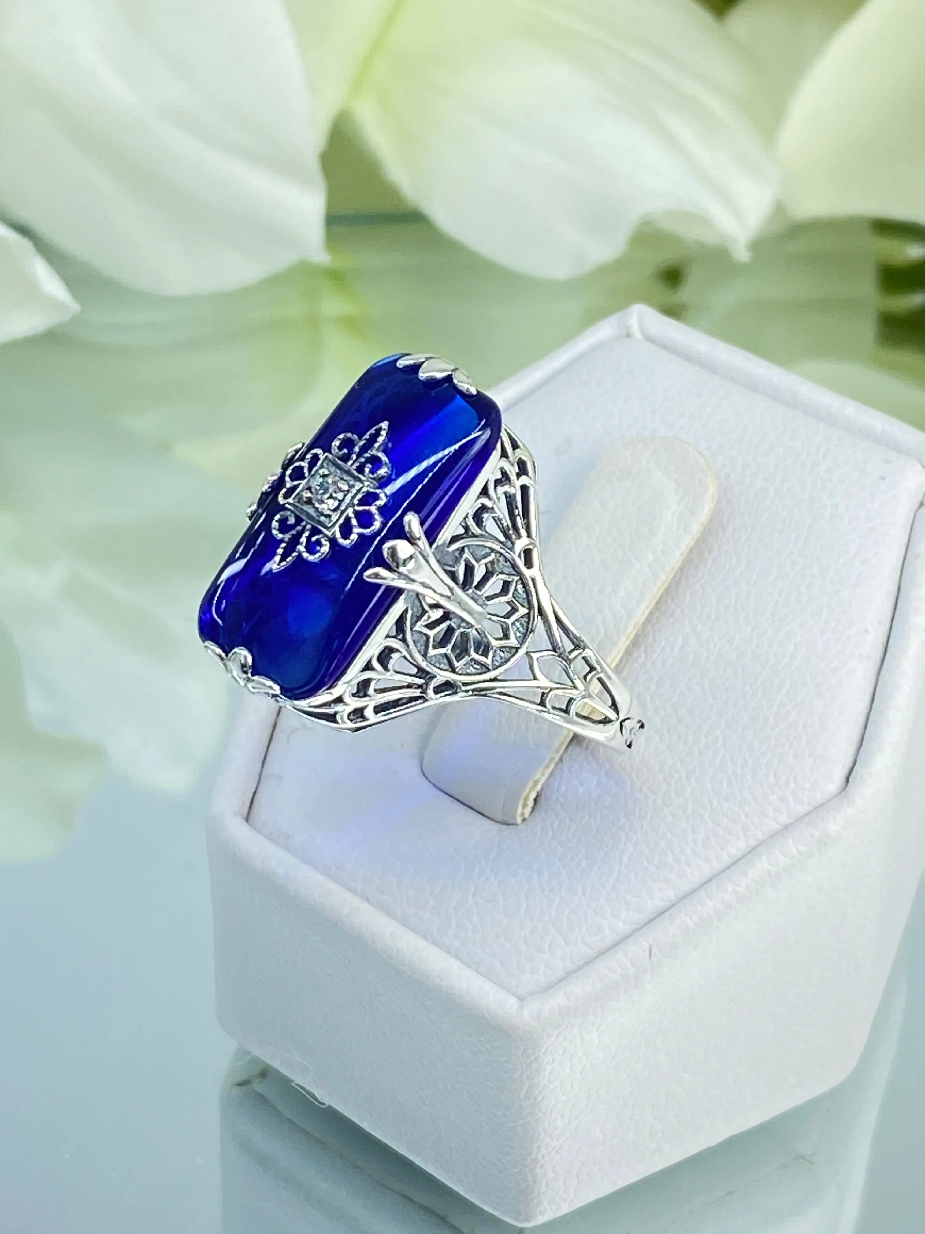 Grace Ring, Sapphire Blue Glass, Edwardian Style Jewelry #D233