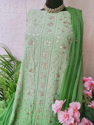 Green Ombre Georgette Pure Chikankari Panel Work Gota Salwar Suit Fabric