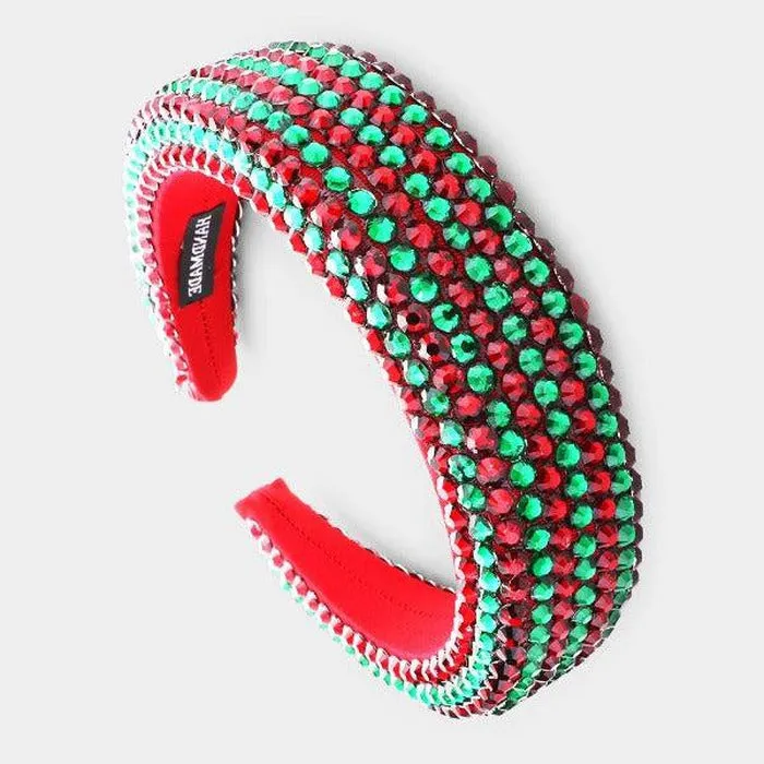 Green Red Faceted Bead Padded Christmas Headband