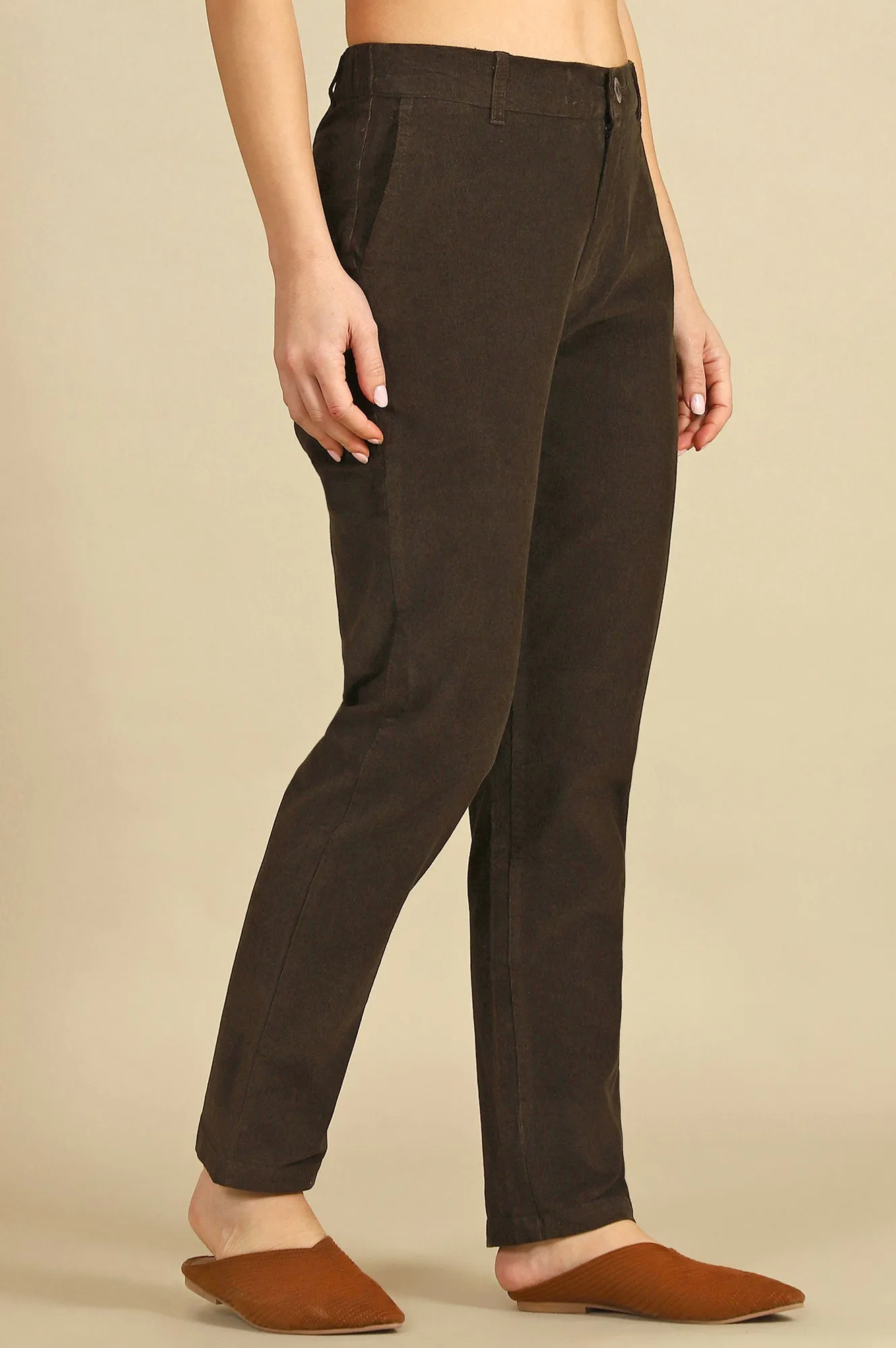 Green Solid Cotton Blend Straight Pants